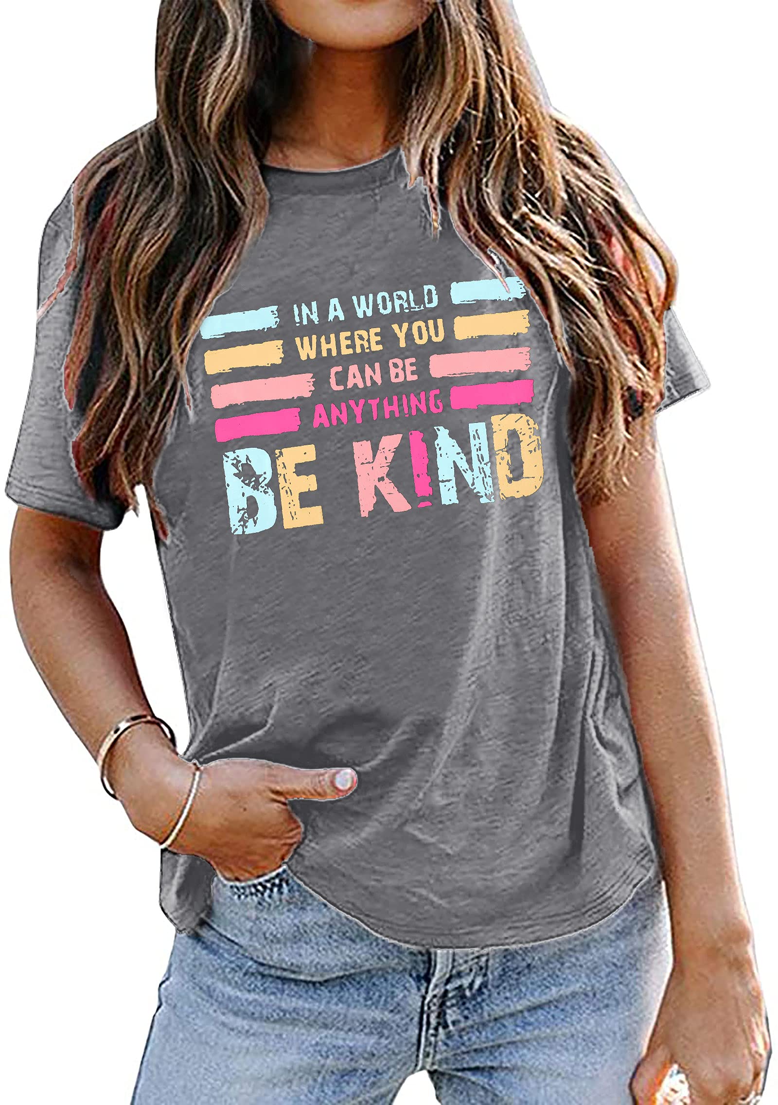 MOUSYAin A World Where You Can Be Anything Be Kind T-Shirt Women Inspirational Graphic Tee Casual Short Sleeve Tee Tops