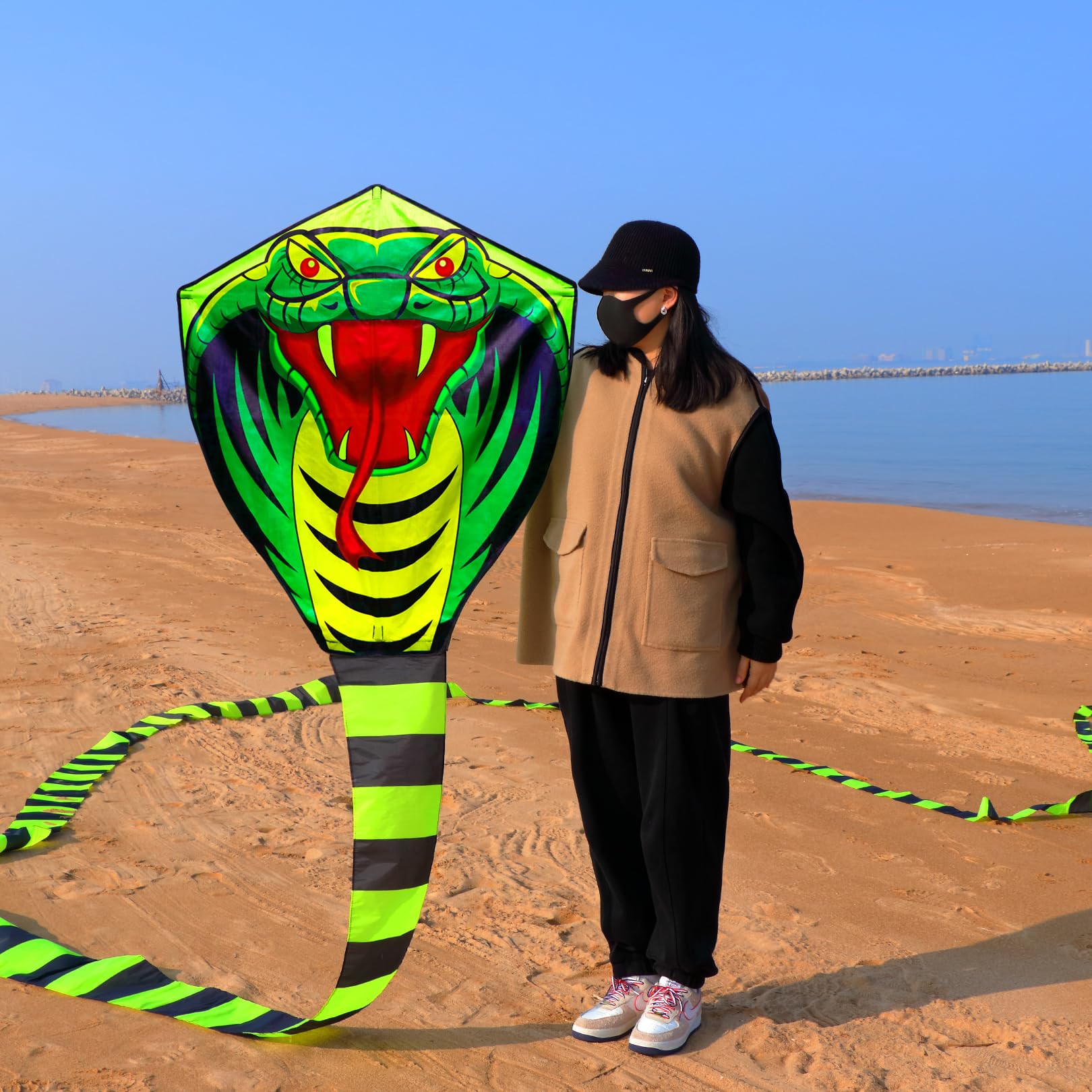 50 feet Length Giant Snake Kite, Kites for Adults and Kids, Single String Beach Kites for Beginners, Easy Fly Kites for Boys and Girls, with 330 Feet Kite String Handles, The Fun Sports Kite