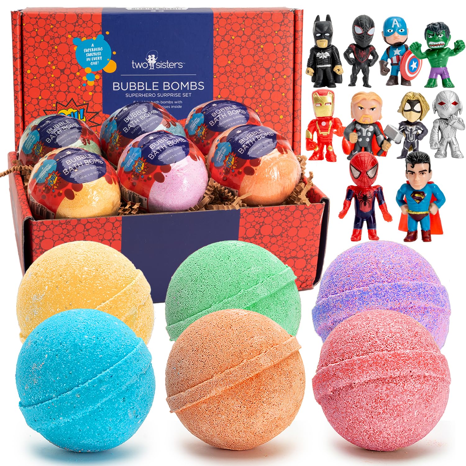 Superhero Bath Bombs for Kids with Surprise Toys Inside, 6 Pack Bubble Bomb Fizzies, Fruity Scents, Relaxing Aromas, USA Made, Ideal Birthday Gift for Girls & Boys by Two Sisters