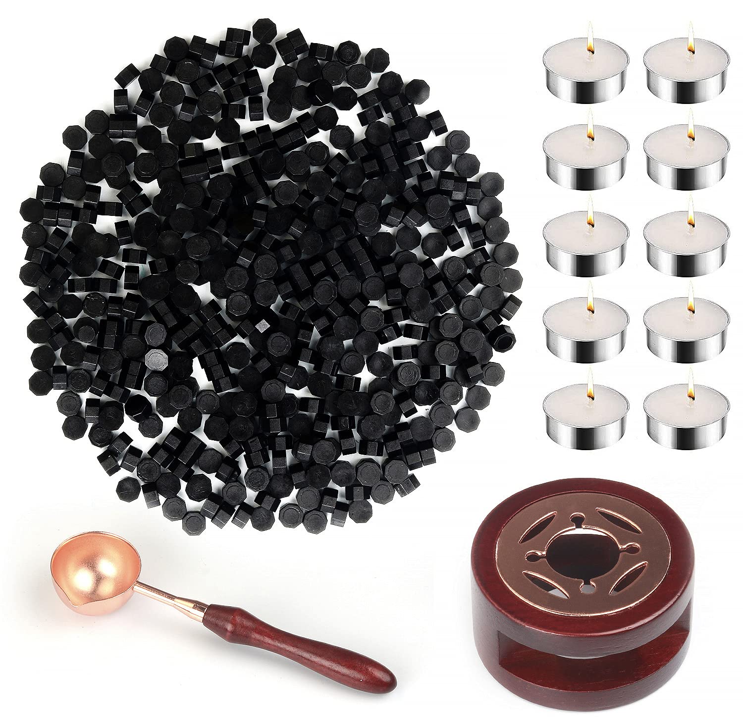 Wax Seal Set, HOSAIL 300pcs Black Wax Sealing Beads, 1pcs Wooden Wax Seal Warmer, 1pcs Melted Spoon and 10pcs Candles for Wax Sealing Stamp Kit