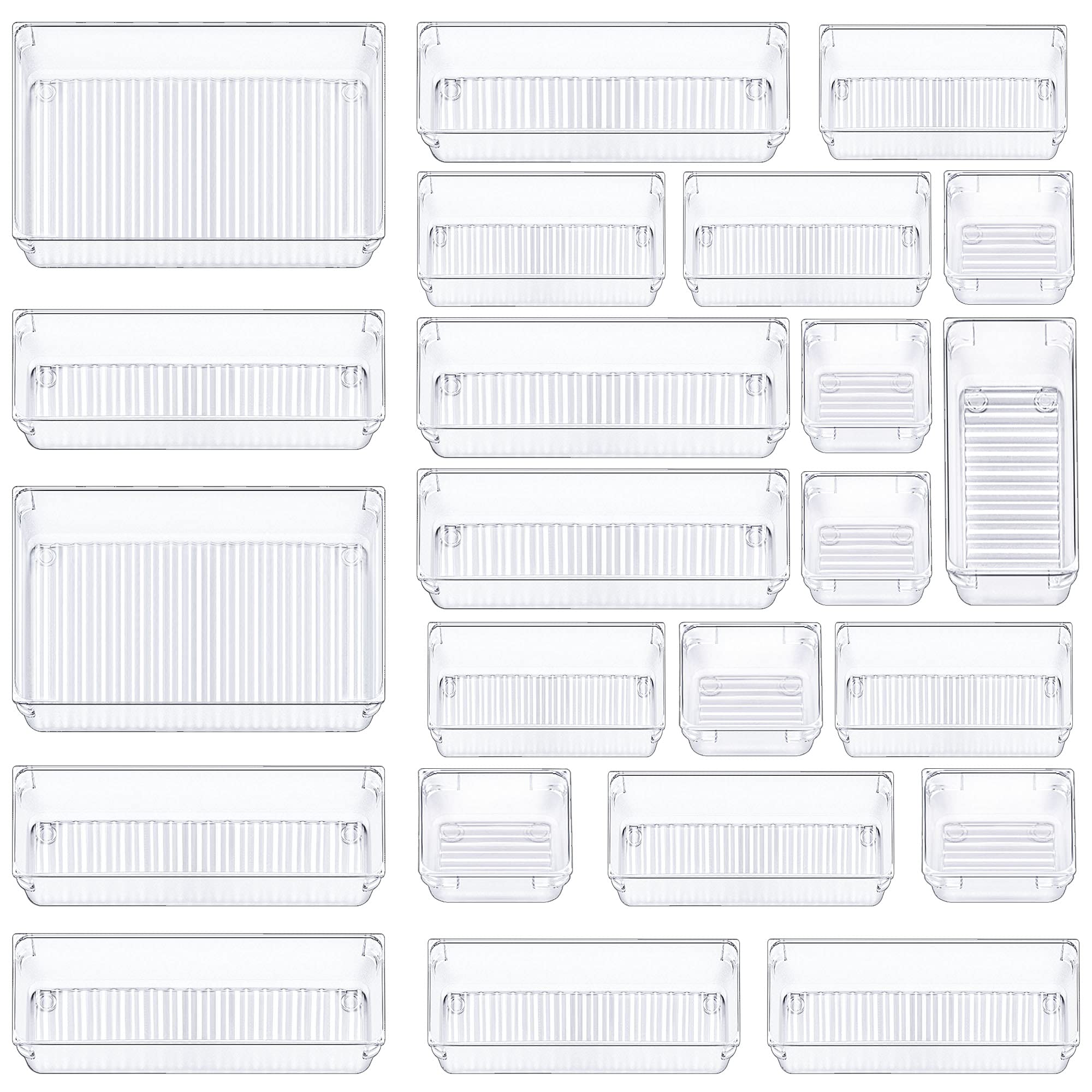 CHEFSTORY23 PCS Clear Drawer Organizers Set, 4 Sizes Plastic Vanity Drawer Organizers and Storage Bins, Desk Drawer Organizer Trays with Non-slip Silicone Pads for Makeup,Bathroom and Kitchen