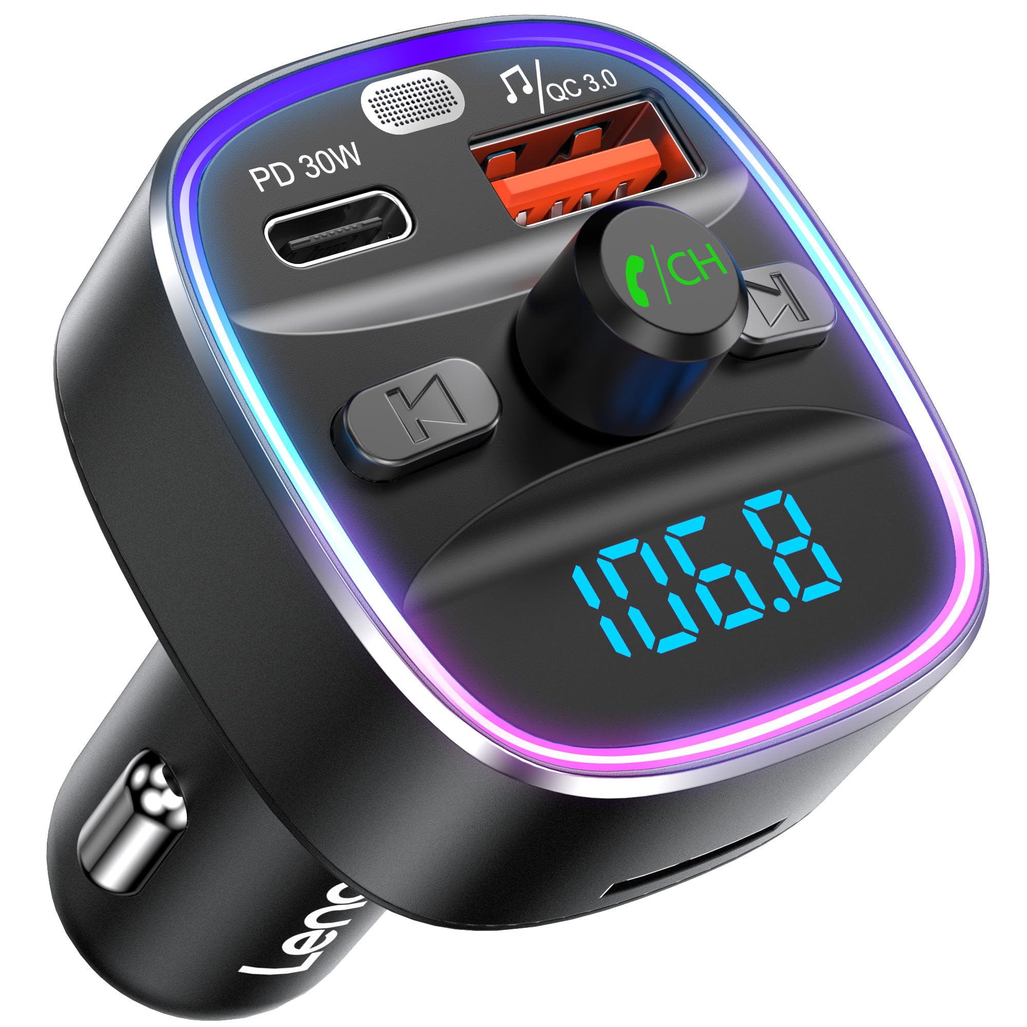 LENCENTBluetooth 5.4 FM Transmitter Car Adapter 48W [PD 30W & 18W] [7 Color Light] [Fast Charging] Wireless Radio Music Adapter Hands-Free Calling, Support USB Drive & TF Card