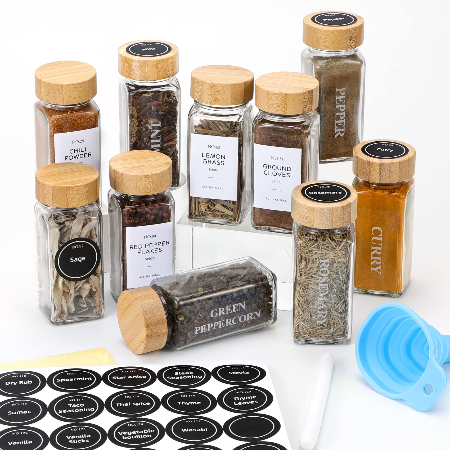 NETANY 24 Pcs Glass Spice Jars with Bamboo Lids, 4 oz Glass Jars with Minimalist Farmhouse Spice Labels Stickers, Collapsible Funnel, Seasoning Storage Bottles for Spice Rack, Cabinet, Drawer