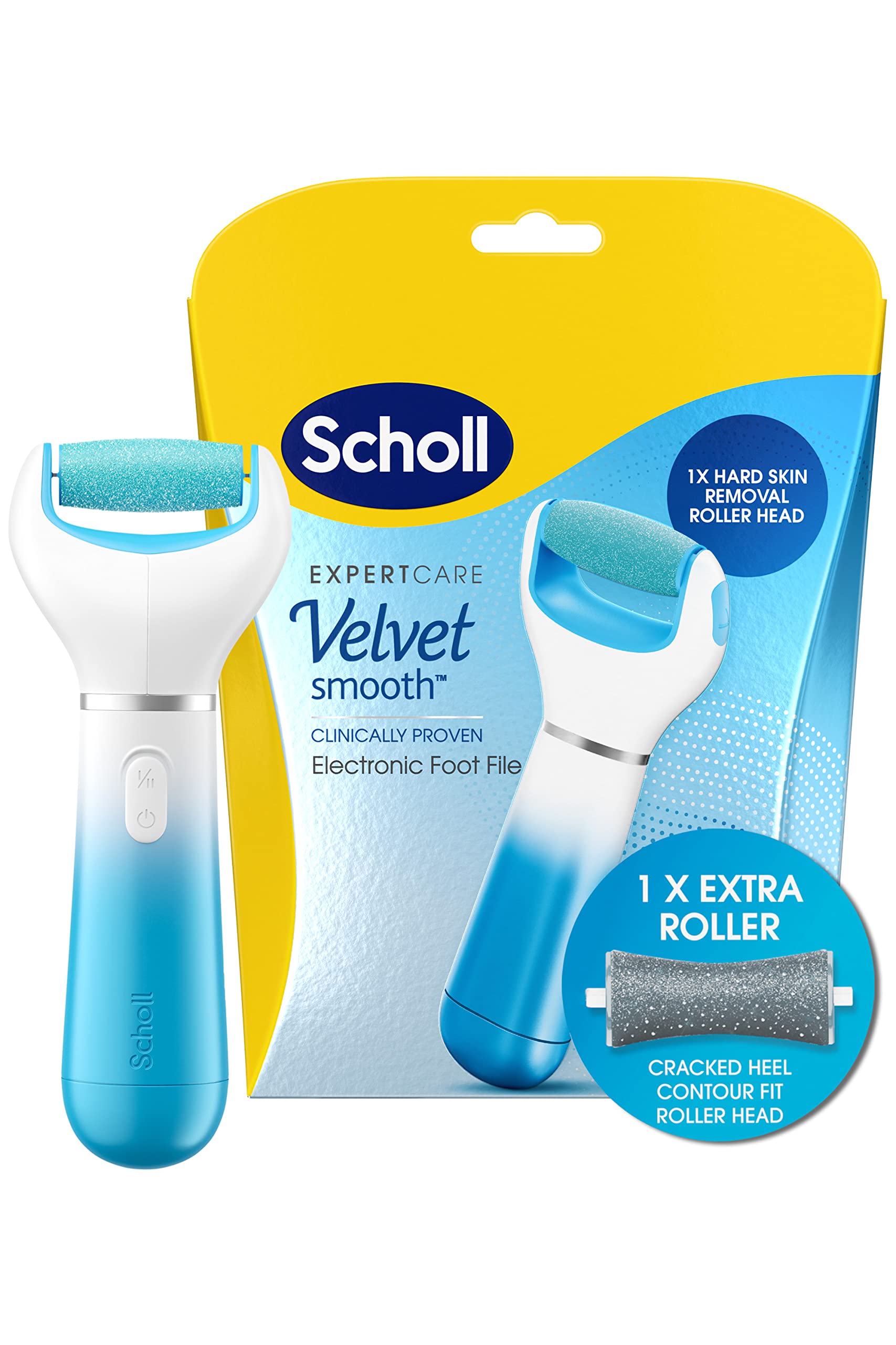 SchollVelvet Smooth Electric Foot File with Cracked Heel Roller Refill - Pedicure Foot File System for Hard Skin and Callus Removal - Includes Velvet Smooth Roller and Cracked Heel Roller