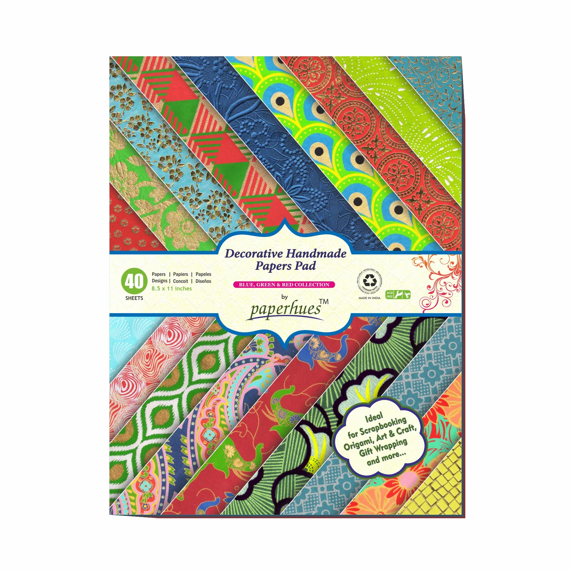 Paperhues Blue-Green-Red Celebration Collection Handmade Scrapbook Papers 8.5x11"Pad, 40 Sheets