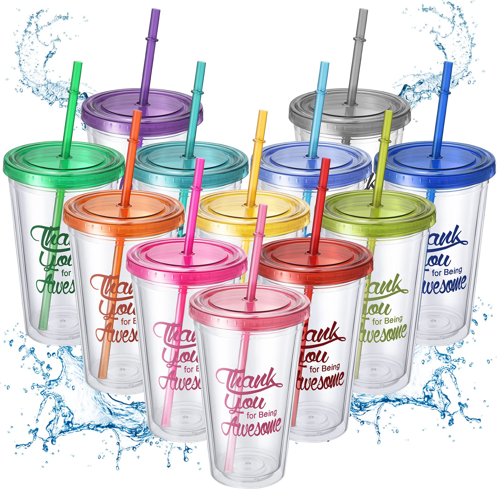 Inbagi12 Pcs Insulated Travel Tumbler with Lid and Straw 16 oz Double Wall Plastic Cups with Lids Thank You for Being Awesome Clear Reusable Water Tumbler for Party Birthday Coworker Friends Gifts