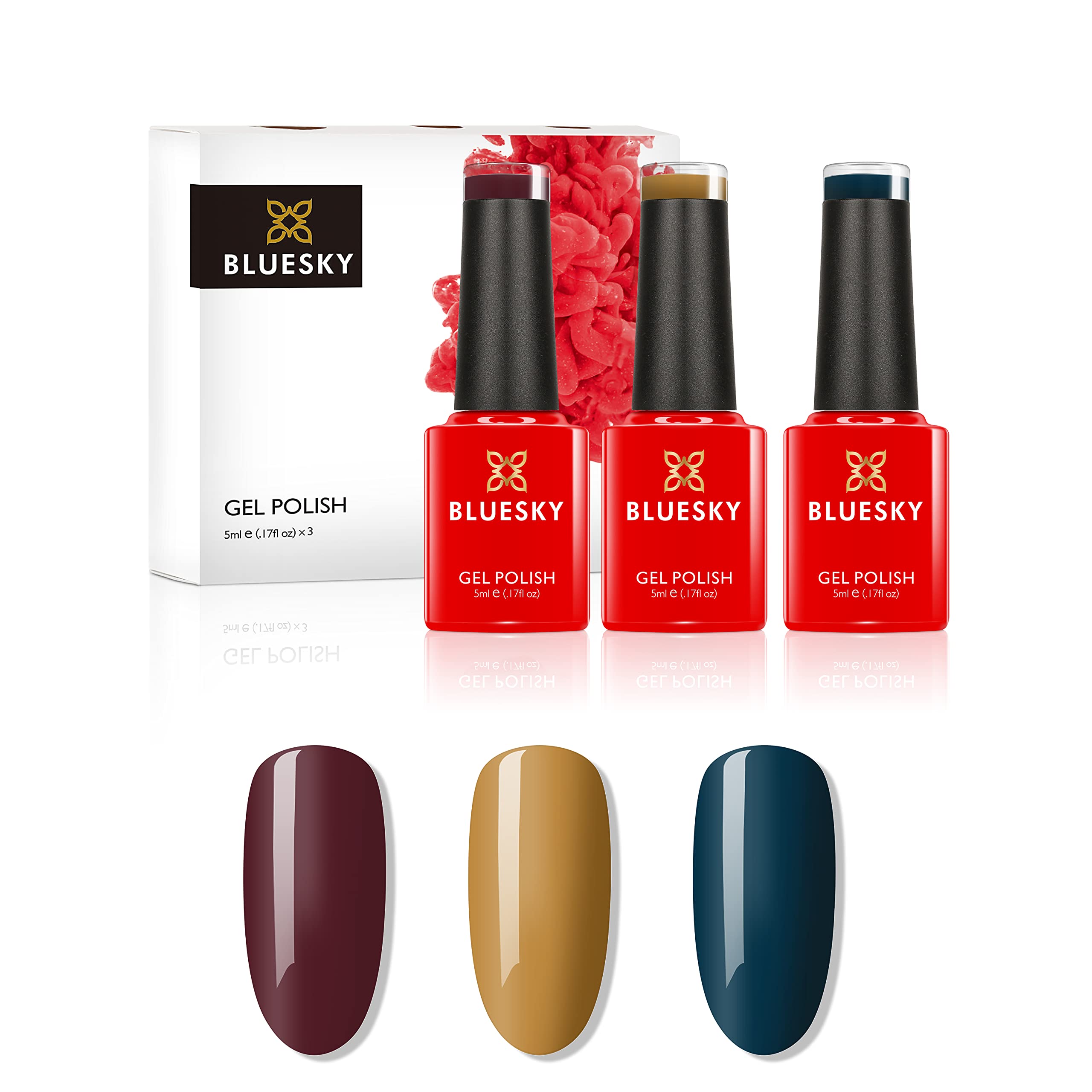 BLUESKY Gel Nail Polish Set, Warm Me Up, FW01 - Vienna, WR01 - Chai Tea, A057 - Winter Sky, Mustard, Yellow, Blue, Ocean, Dark Red (Requires Curing Under UV or LED Lamp), 15 ml (Pack of 1)