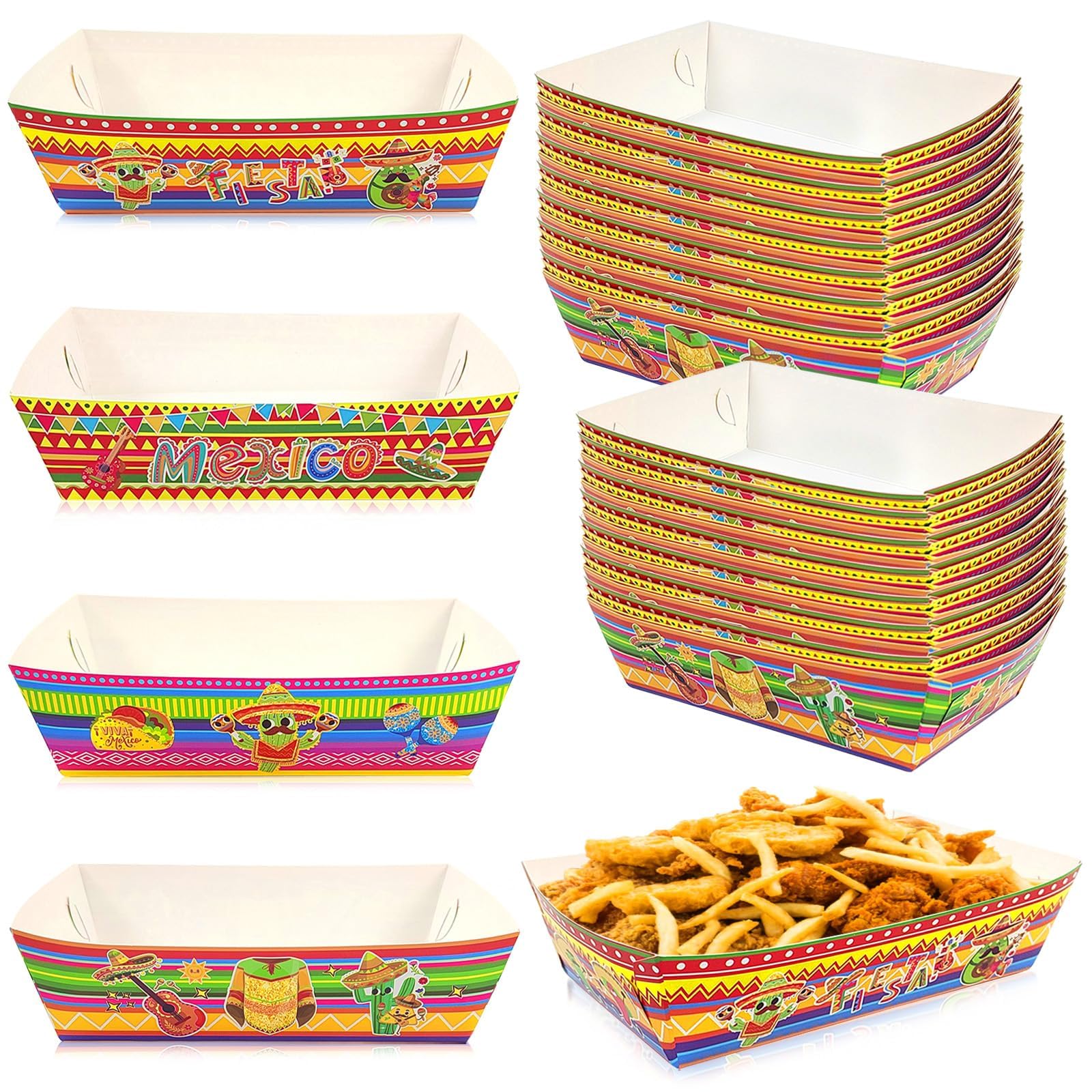 NALACAL 48 Pack Disposable Paper Food Trays, Mexican Fiesta Print Party Supplies Disposable Food Trays for Fiesta Mexican Birthday Carnivals Picnics Party Supplies, High Capacity Durable Boats