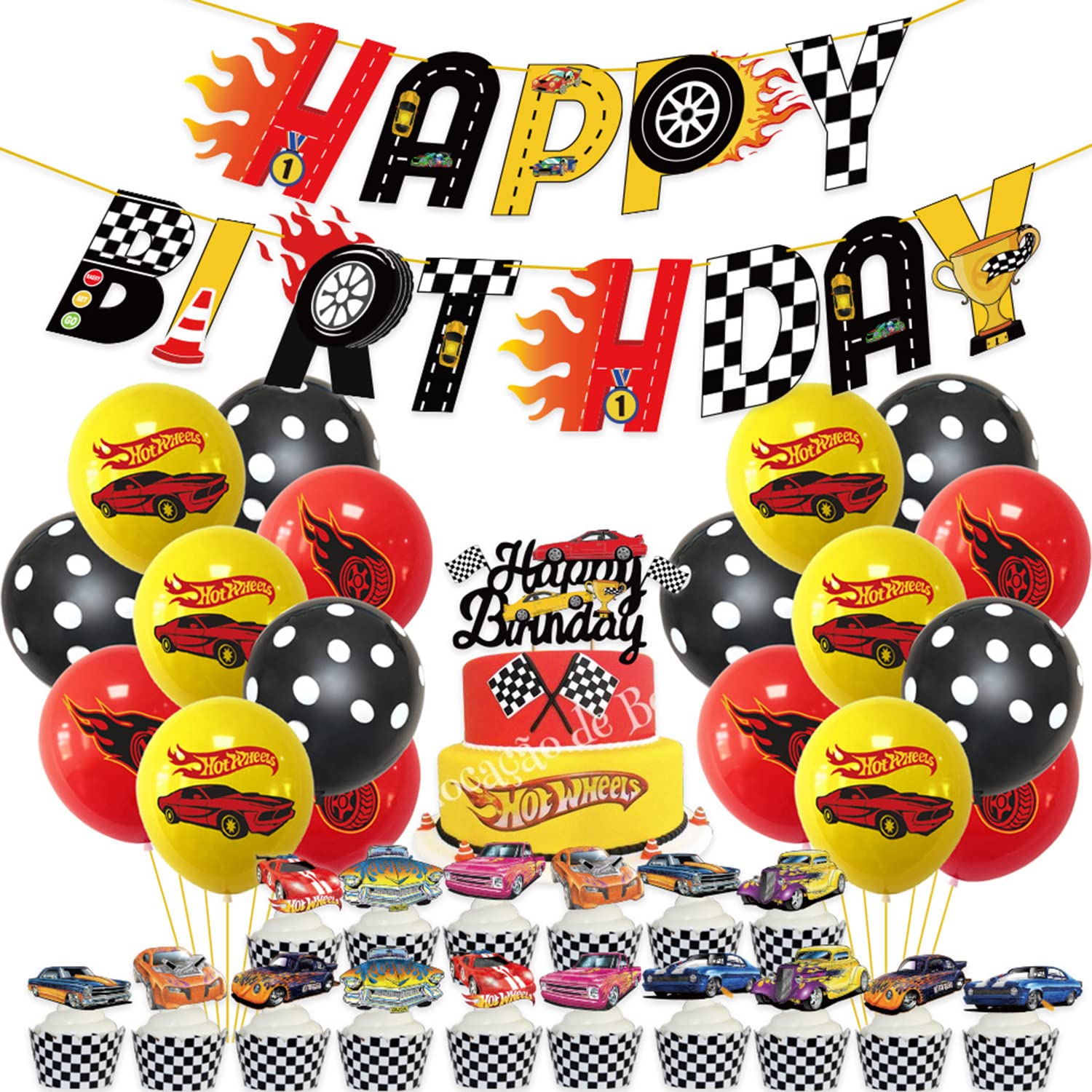 Hot Wheels Birthday Party Supplies,Hot Wheels Decorations include Banner,Cake Topper, Balloons for Kids Baby Shower Birthday Party Let's go Racing Theme Sports Event Supplies