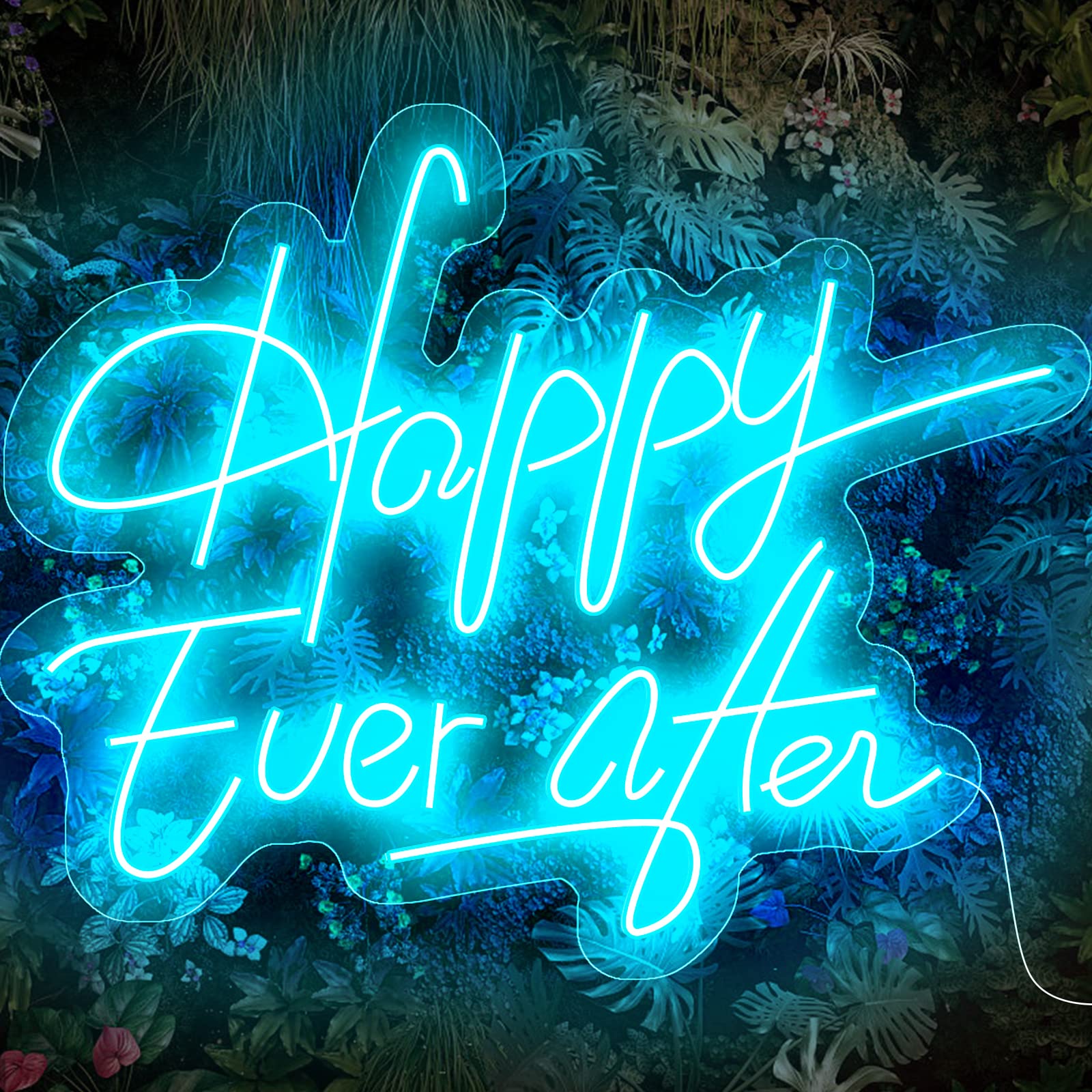 Neon Sign, Happy Ever After LED Neon Light Wall Art Sign, Reusable Powered Light up with Switch Neon Light for Home Art Wall Decor Sign, Living Room, Wedding (16” Length, Ice Blue)