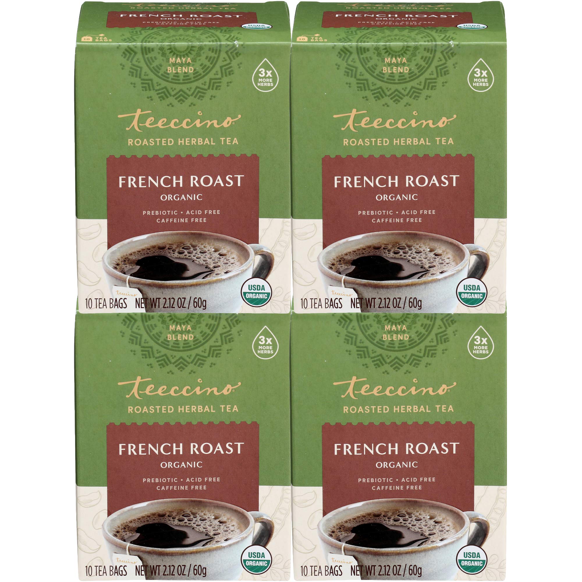 TeeccinoFrench Roast Herbal Tea - Rich & Roasted Herbal Tea That’s Caffeine Free & Prebiotic for Natural Energy, Coffee Alternative, 10 Tea Bags (Pack of 4)