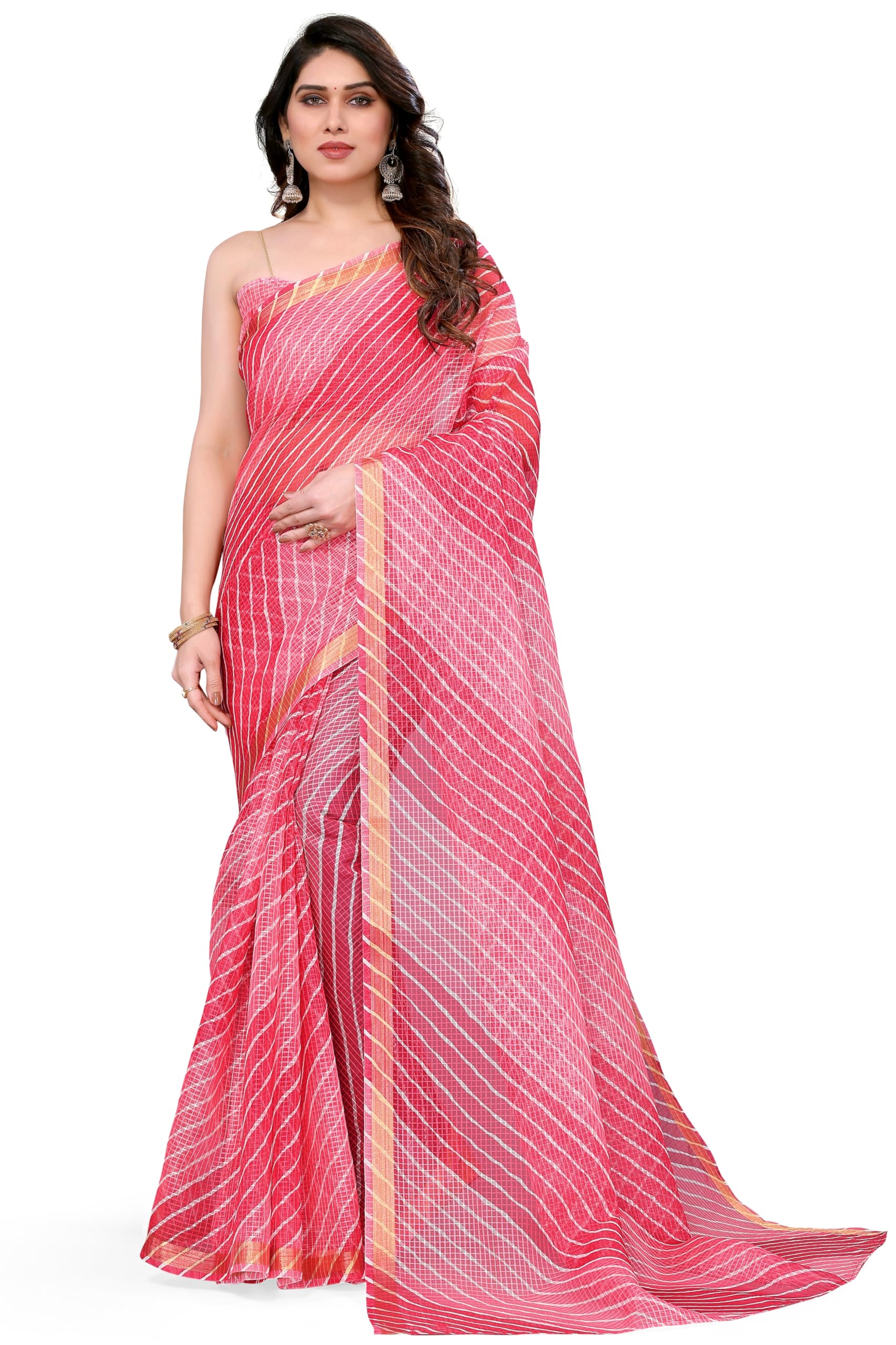 MIRCHI FASHIONWomen's Kota Doria Laheriya Printed Saree with Blouse Piece (39764-Pink)