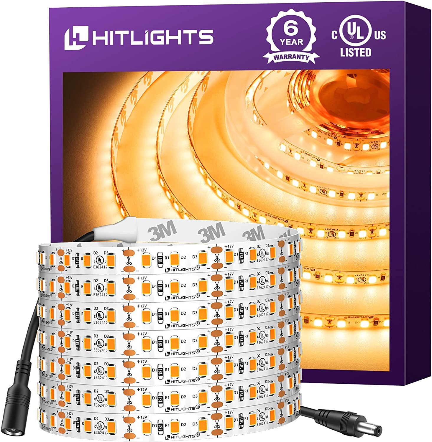 HitLights LED Light Strip with Premium High Density for Under Cabinet, Kitchen, Household& More (UL-Listed. 12V DC Tape Light) Non-Waterproof 600LED Warm White