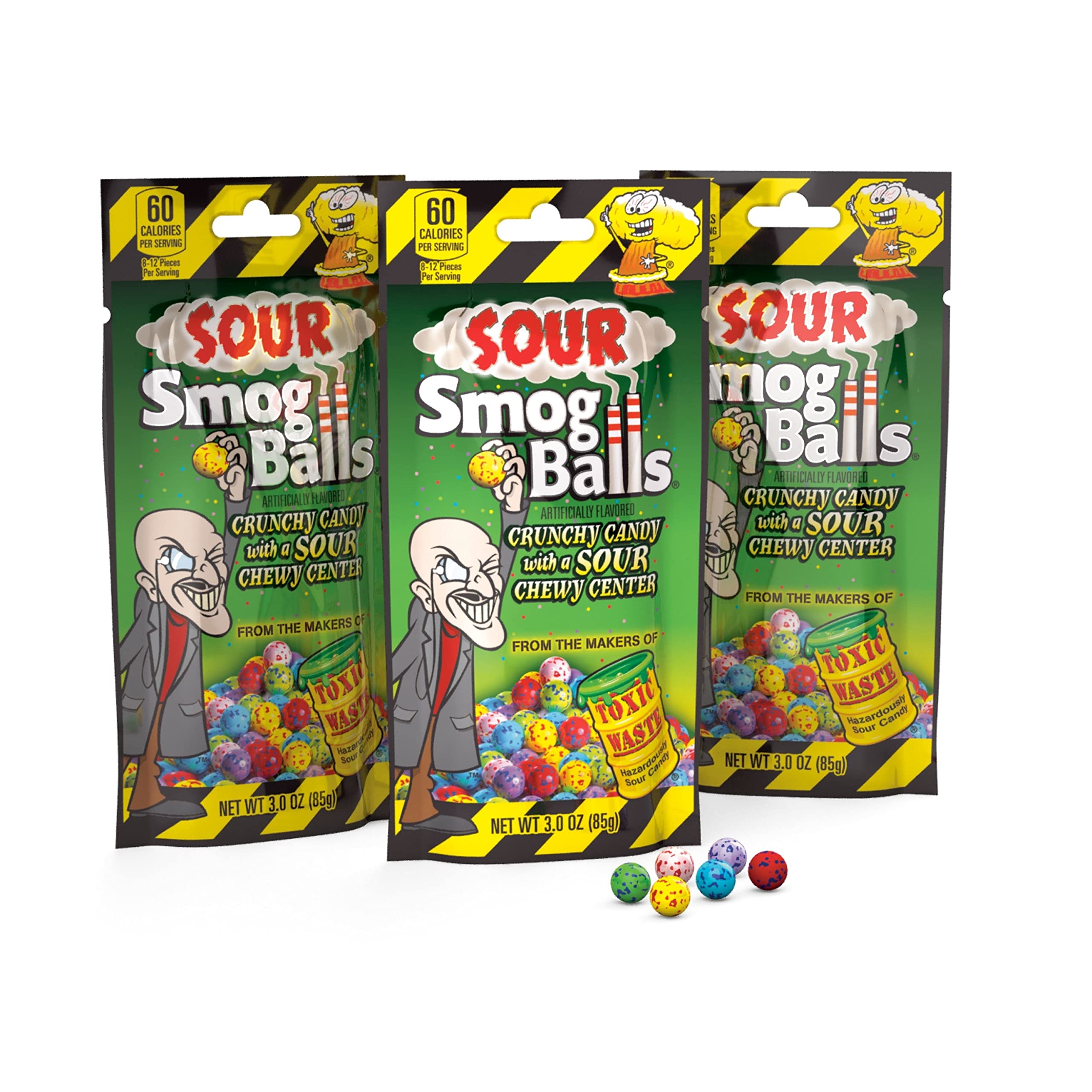 TOXIC WASTE | 3-Pack Bags of Sour Smog Balls | Deliciously Hard Candy with a Chewy Sour Center - 6 Flavors: Lime, Cherry, Strawberry, Lemon, Blue Raspberry, and Grape