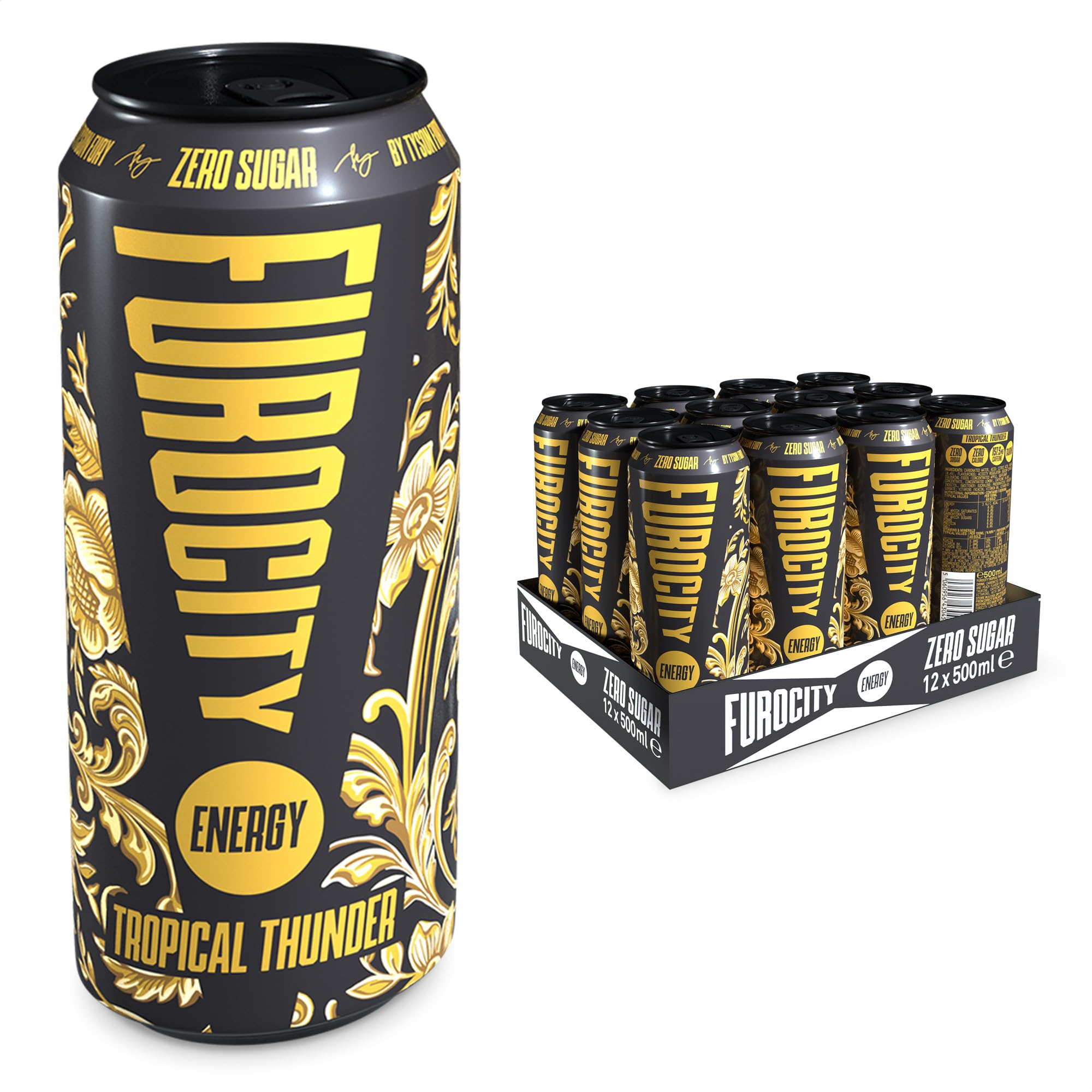 FUROCITYSugar Free Energy Drink, Tropical Thunder, 157mg Caffeine, Low Calorie, Zero Sugar, High in Vitamins C, B6, B12, Taurine, Vegan, 12 x 500ml Cans