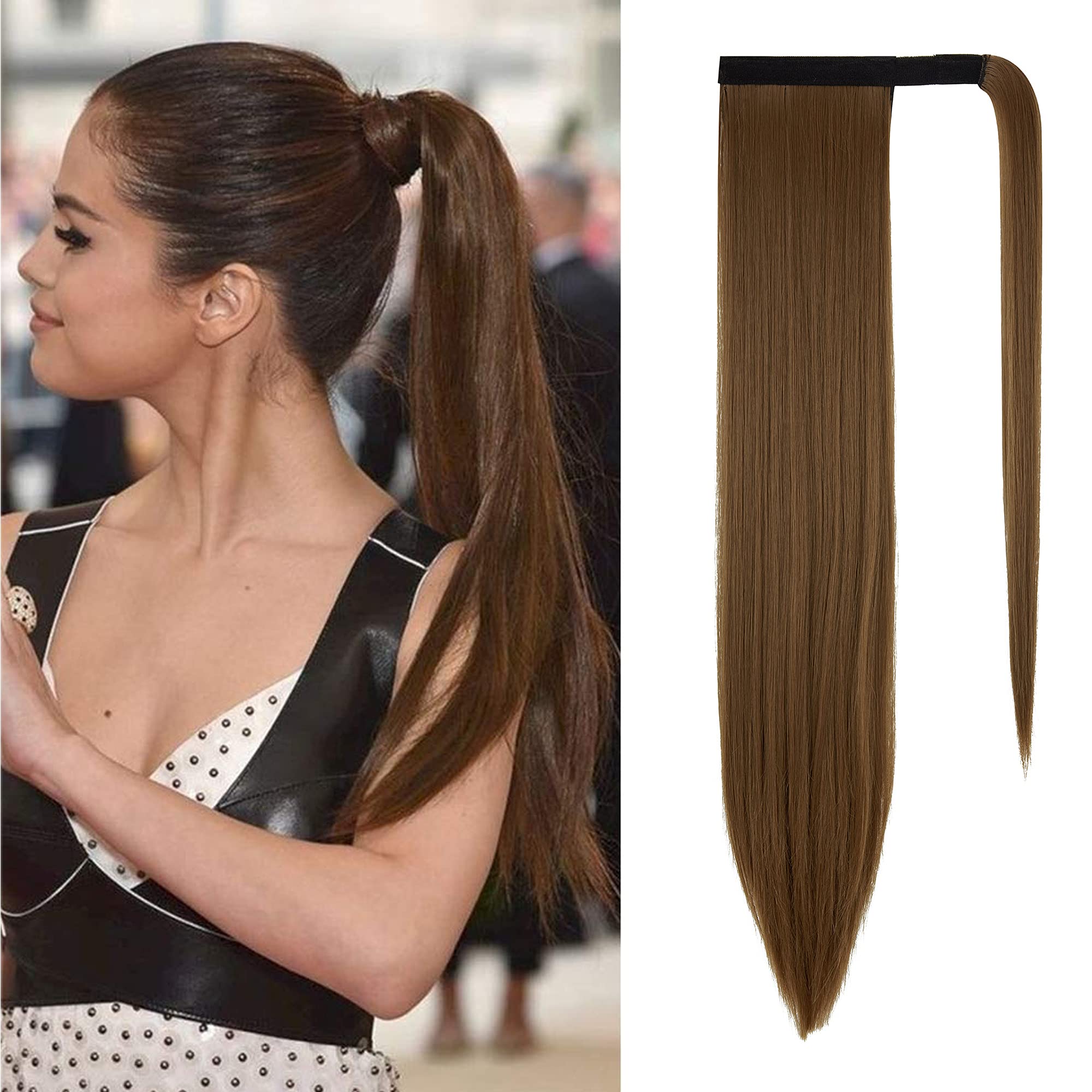 KOODER Ponytail Extension Long Straight Wrap Around Ponytail Clip in Hair Extension Natural Looking Synthetic Hairpiece for Women 28 Inch Light Chestnut Brown