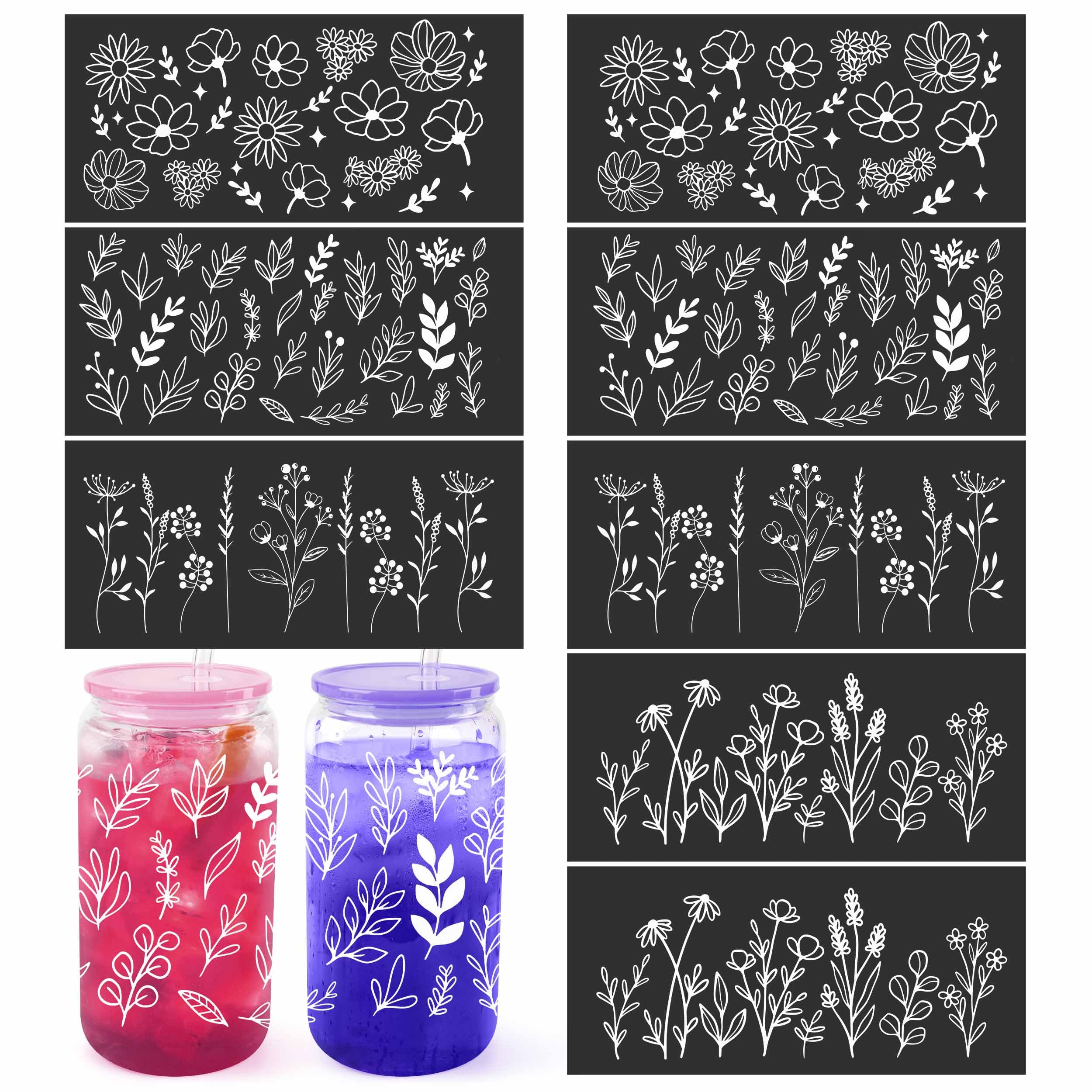 Joyclub8 Pack UV Dtf Cup Wraps for Glass Cups with Lids and Straws 16 oz Transfer Stickers for Reusable Iced Coffee Cup Beer Can Drinking Glasses for Smoothie Whiskey Boba Soda Tea Gift (Flower)