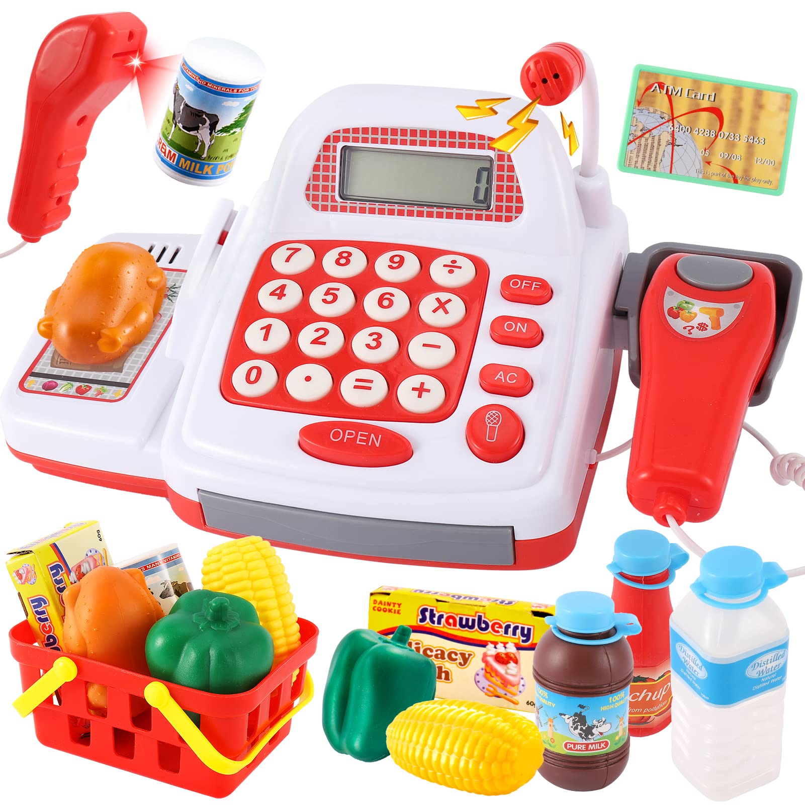 TOEY PLAY 39PCS Pretend Play Toy Till Cash Register for Kids, Toy Shop Supermarket with Scanner, Microphone, Play Food, Shopping Basket, Gifts for Boys Girls 3 4 5 6 Years Old