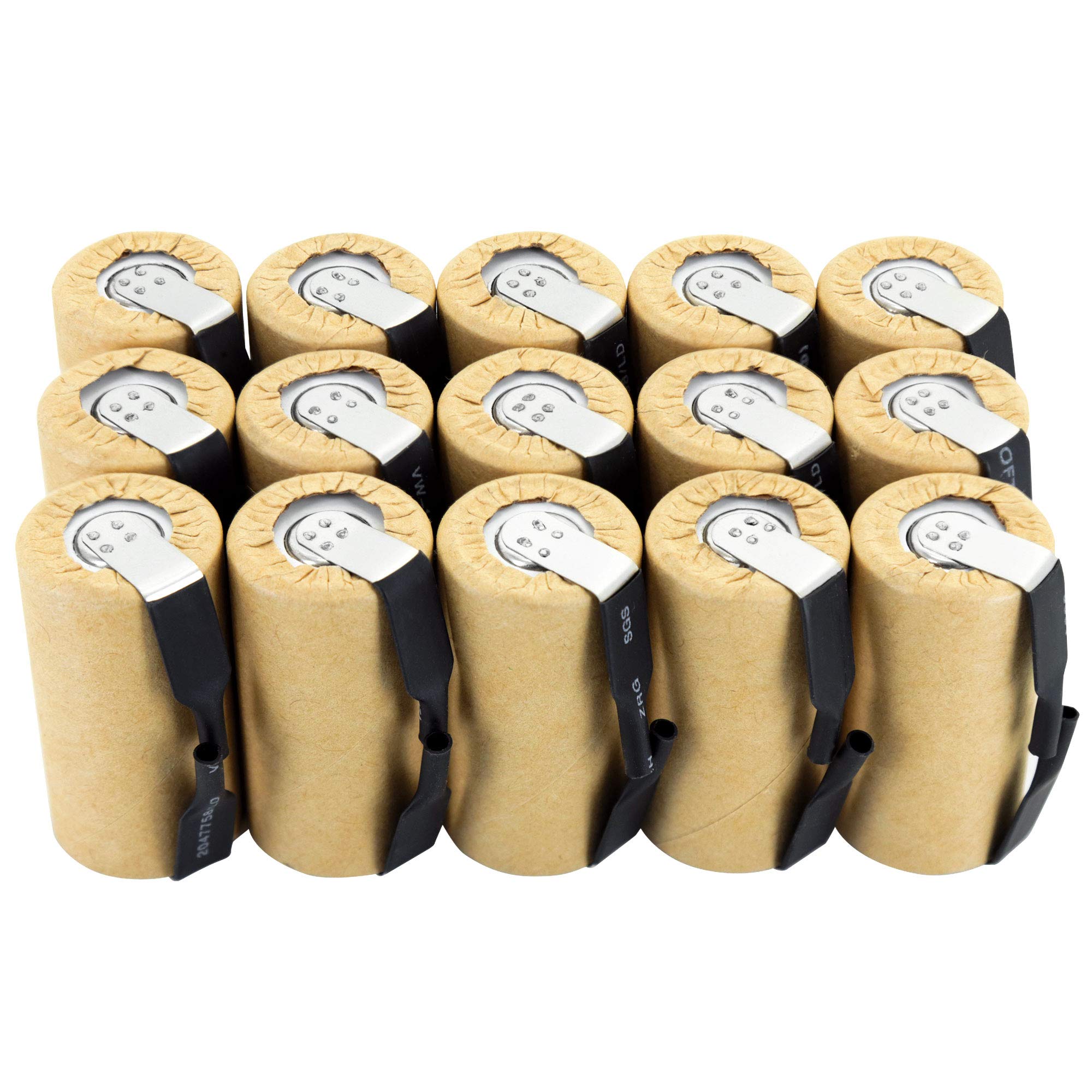 TenergyBox of 15 pcs NiCd SubC 2200mAh Paper Wrapped Rechargeable Batteries with Tabs