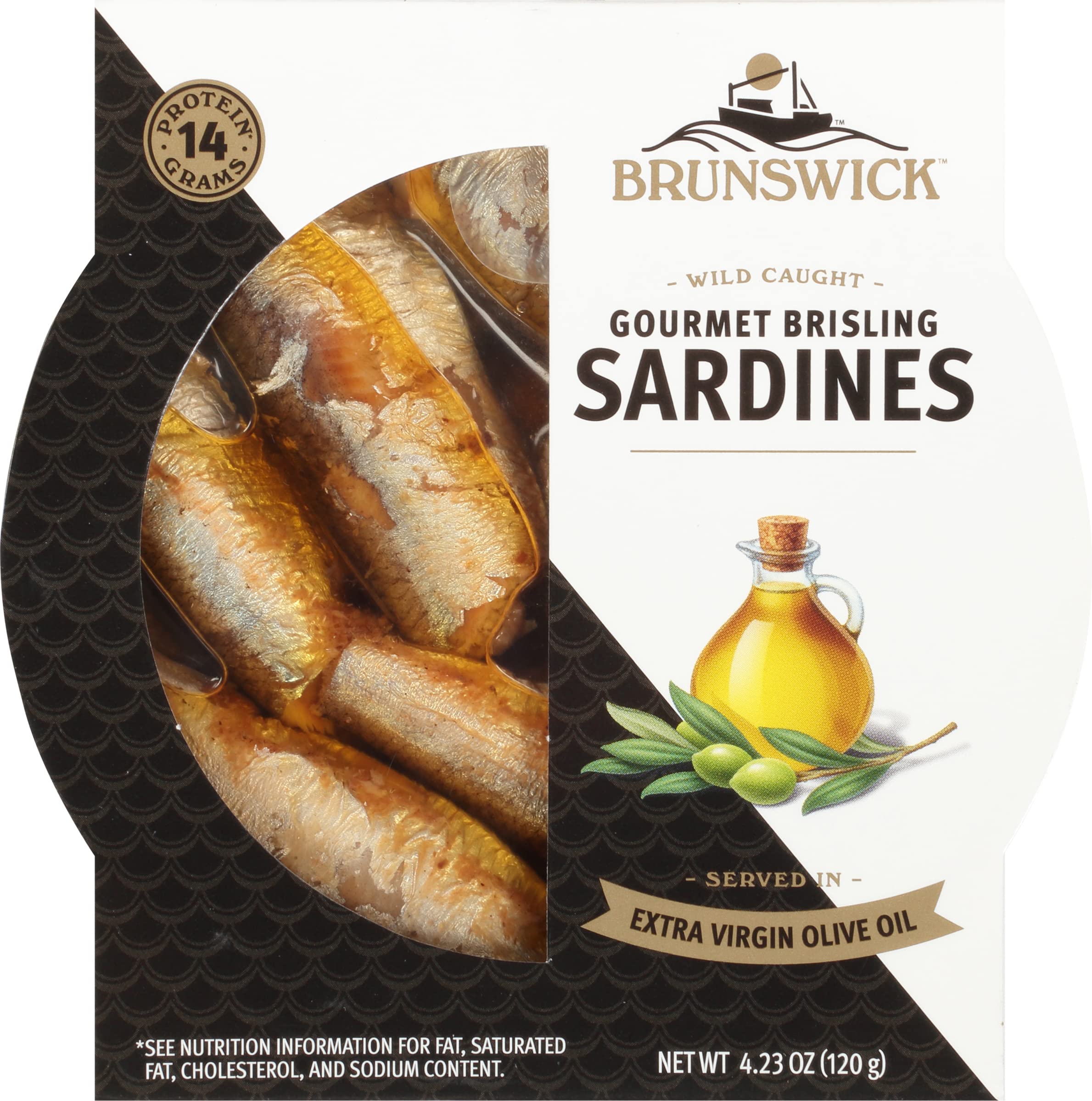 BrunswickWild Caught Gourmet Brisling Sardines in Extra Virgin Olive Oil, 4.23 oz Can (Pack of 12) - Wild Caught Sardines - 14g Protein per Serving - Gluten Free, Keto Friendly