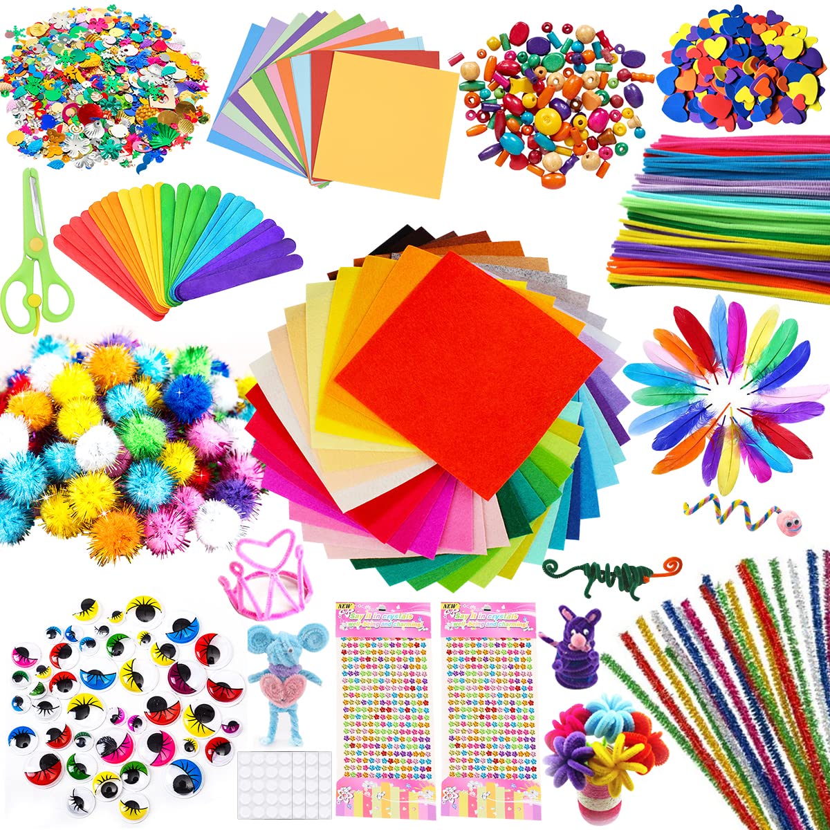 Kids Arts and Crafts, Creative Craft DIY Art Supplies, Pipe Cleaners, Colour Felt Leaf, Glitter Pom Poms, Feathers, Eyes, Sequins for Toddlers Arts Crafts Toys for Age 4 5 6 7 8 9 Boys Girls