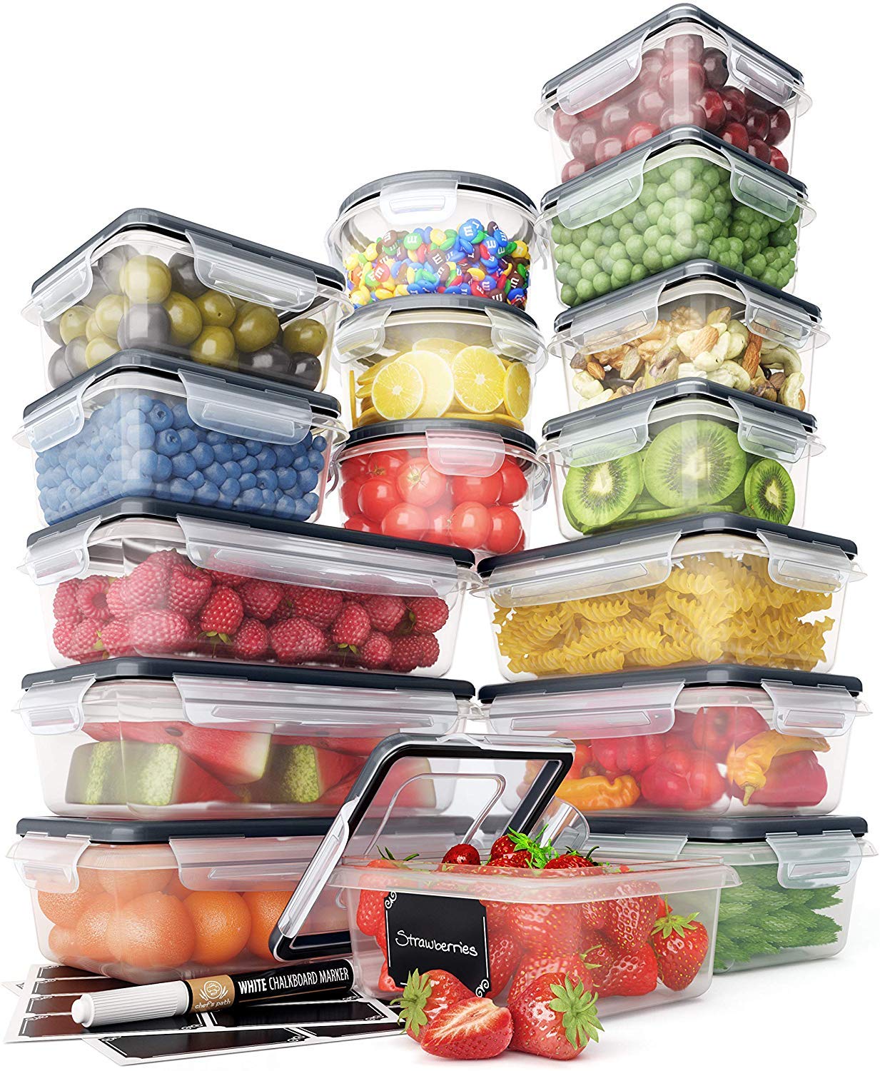 Food Storage Containers Set (32 Piece Set) - 16 Airtight Plastic Containers with 16 Snap Lids - Leak Proof Kitchen & Pantry Containers - BPA-Free - Chalkboard Labels & Marker