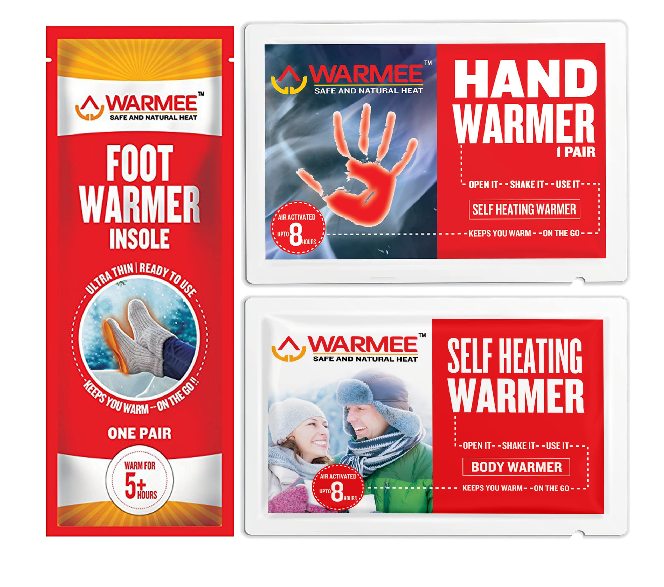 Warmee Combo Pack |2 Pieces Body+1 Pair Hand +1 Pair Foot | Body Warmers for Travel || Cold Climate|| Instant Heat generating warmers || Portable - self activating