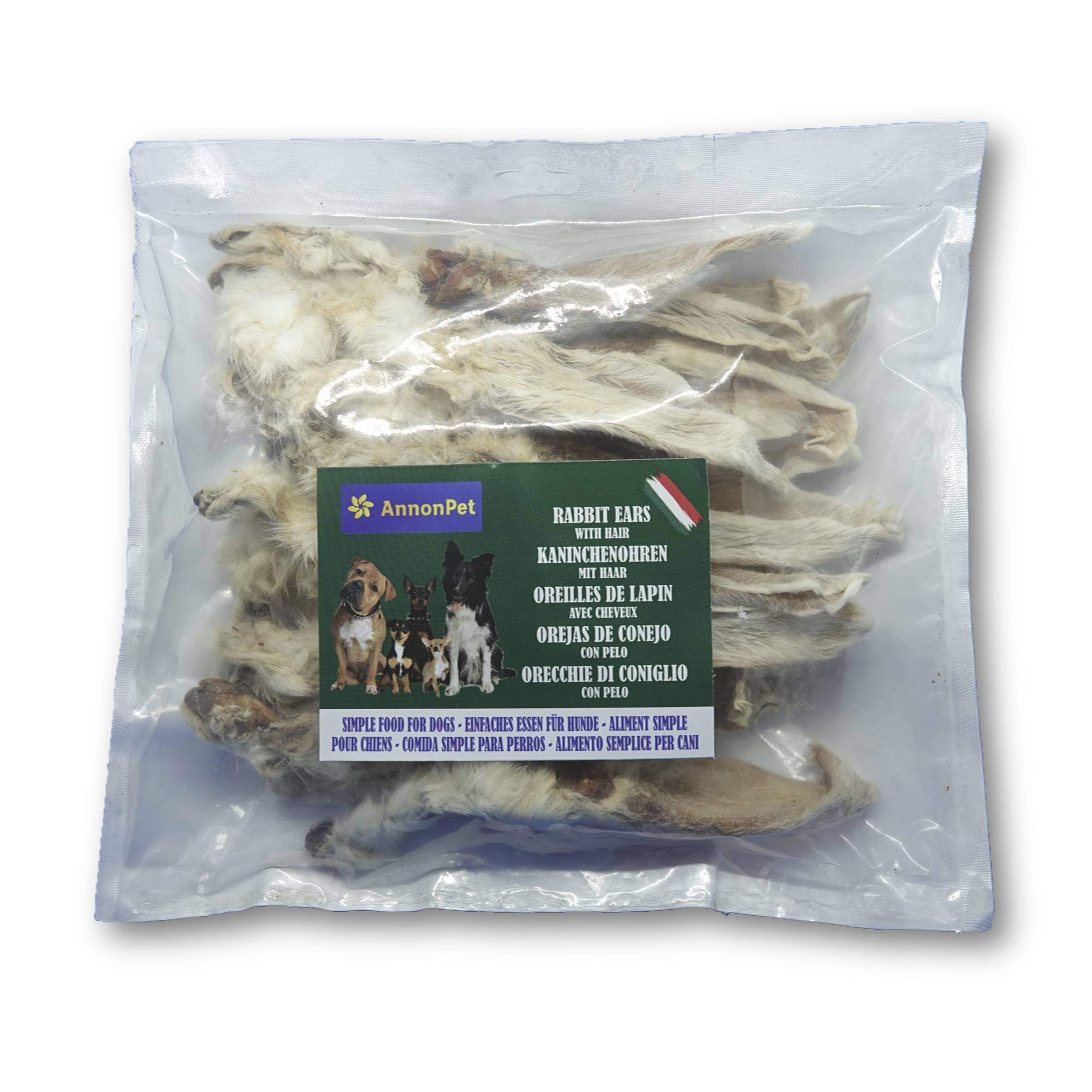 ANNONPET 250 grams of dried rabbit ears with low fat content. Chew snack for dogs Intestinal purifier, Ideal for BARF diet. Purest chews treat for pet.