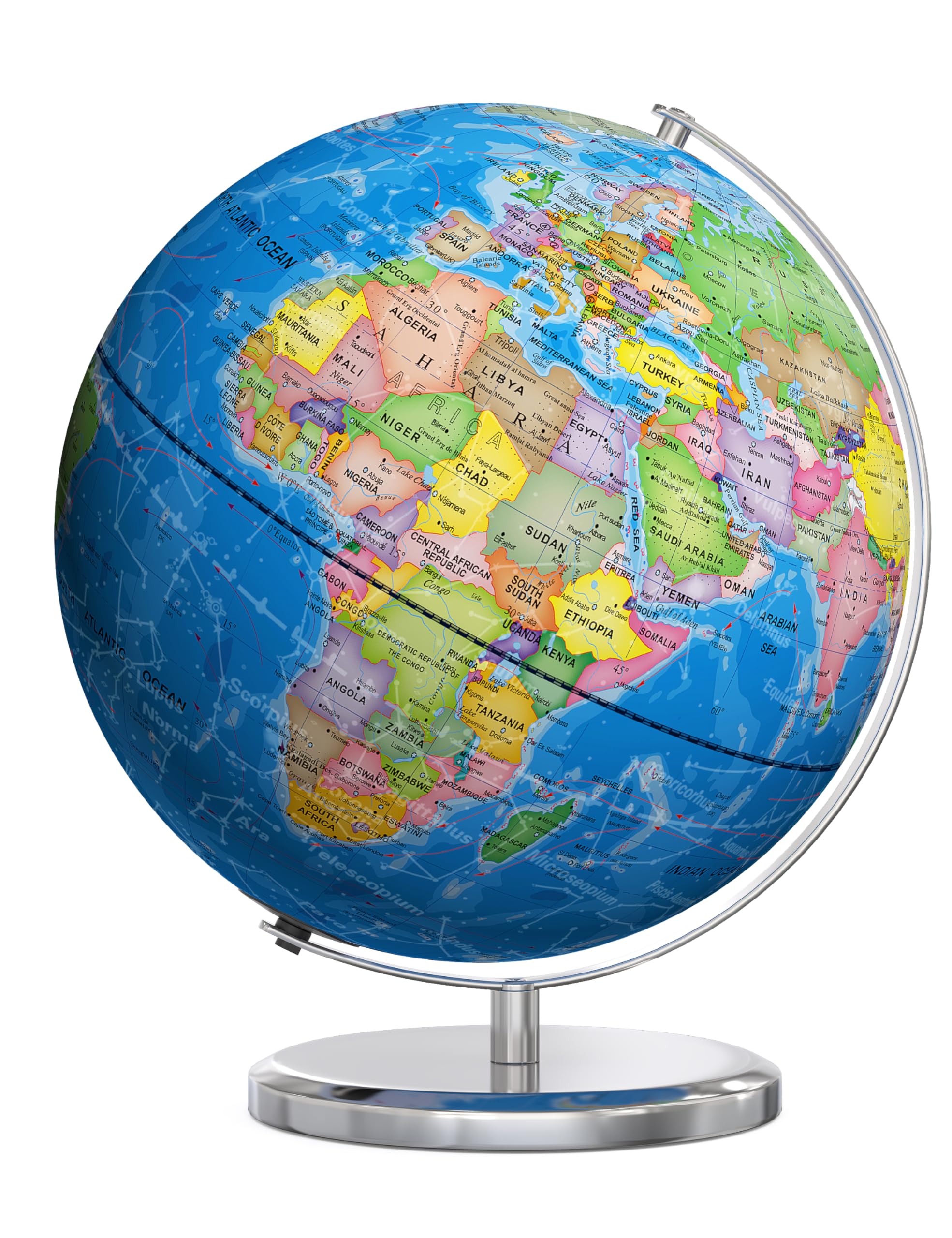 SOUNDANCE 13 Inch World Globe with Stable Heavy Metal Base, Educational Globe for Kids Learning, Large Globe Lamp with Colorful HD World Map Details, Constellation