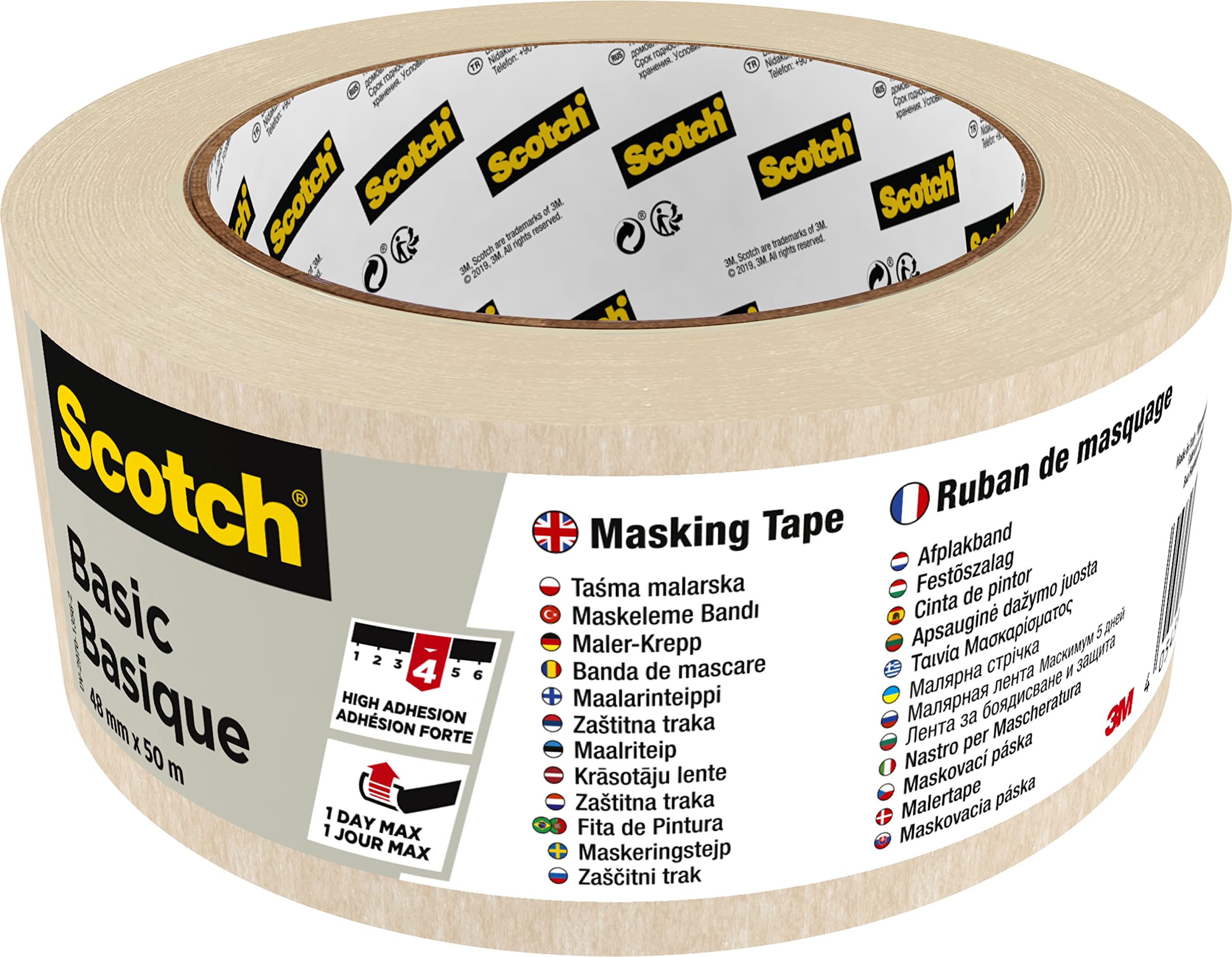 Scotch Basic Masking Tape 48mm x 50m, 1 roll/pack | Beige color | Masking and Protection | Medium to High adhesion | For walls, metal, wood and more | Easy to Remove with no residue