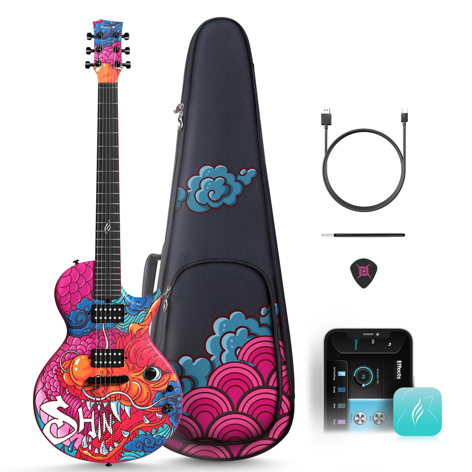 Enya Electric Guitar Shinichi Kobayashi Signature Loong Nova Go Sonic Smart Electric Carbon Fiber Guitarra with 10W Wireless Speaker, Onboard Presets, Charging Cable, Adjusting Wrench, and Gig Bag