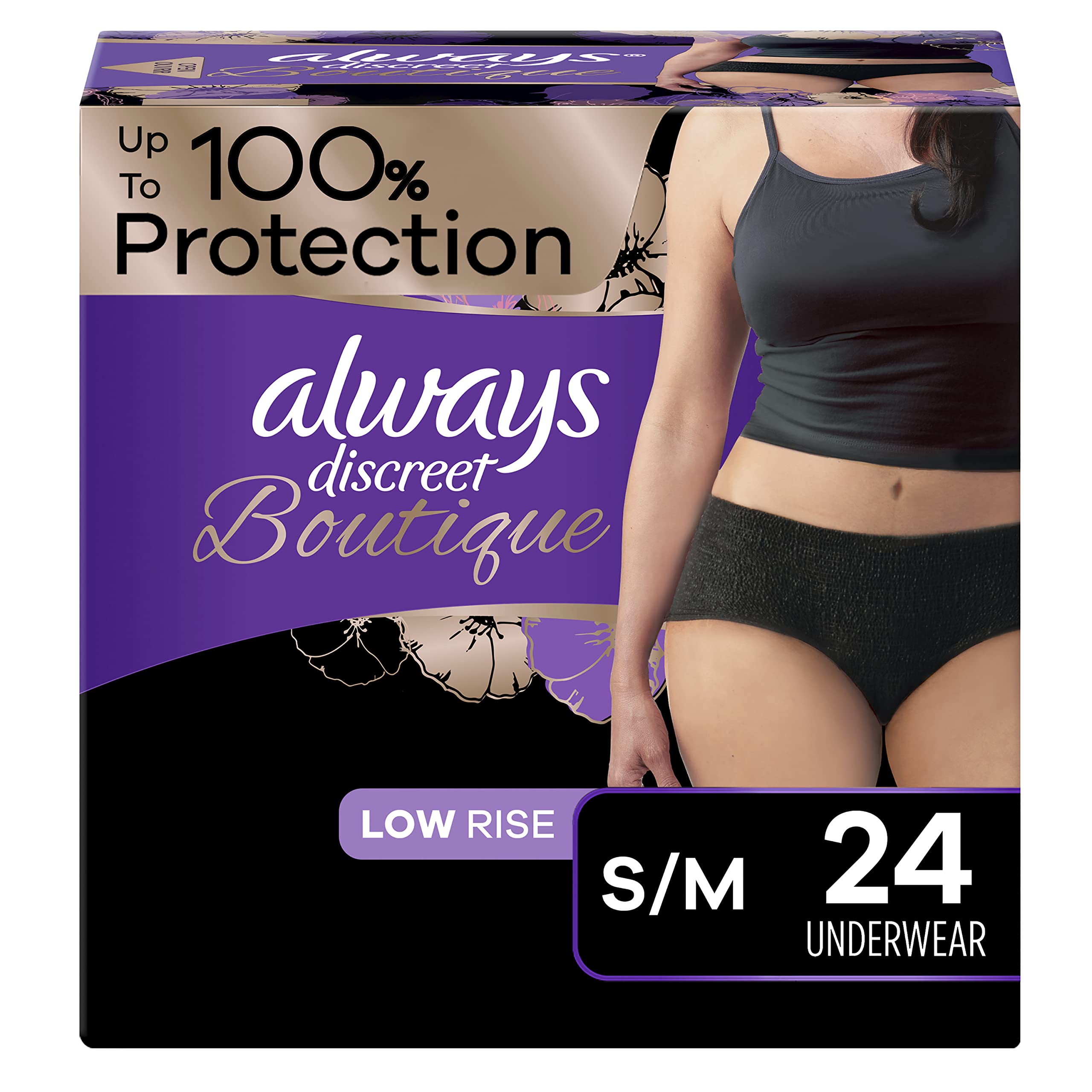 Always Discreet Boutique Adult Incontinence & Postpartum Underwear for Women, Low-Rise, Size Small/Medium, Black, Maximum Absorbency, Disposable, 24 Count (Packaging May Vary)