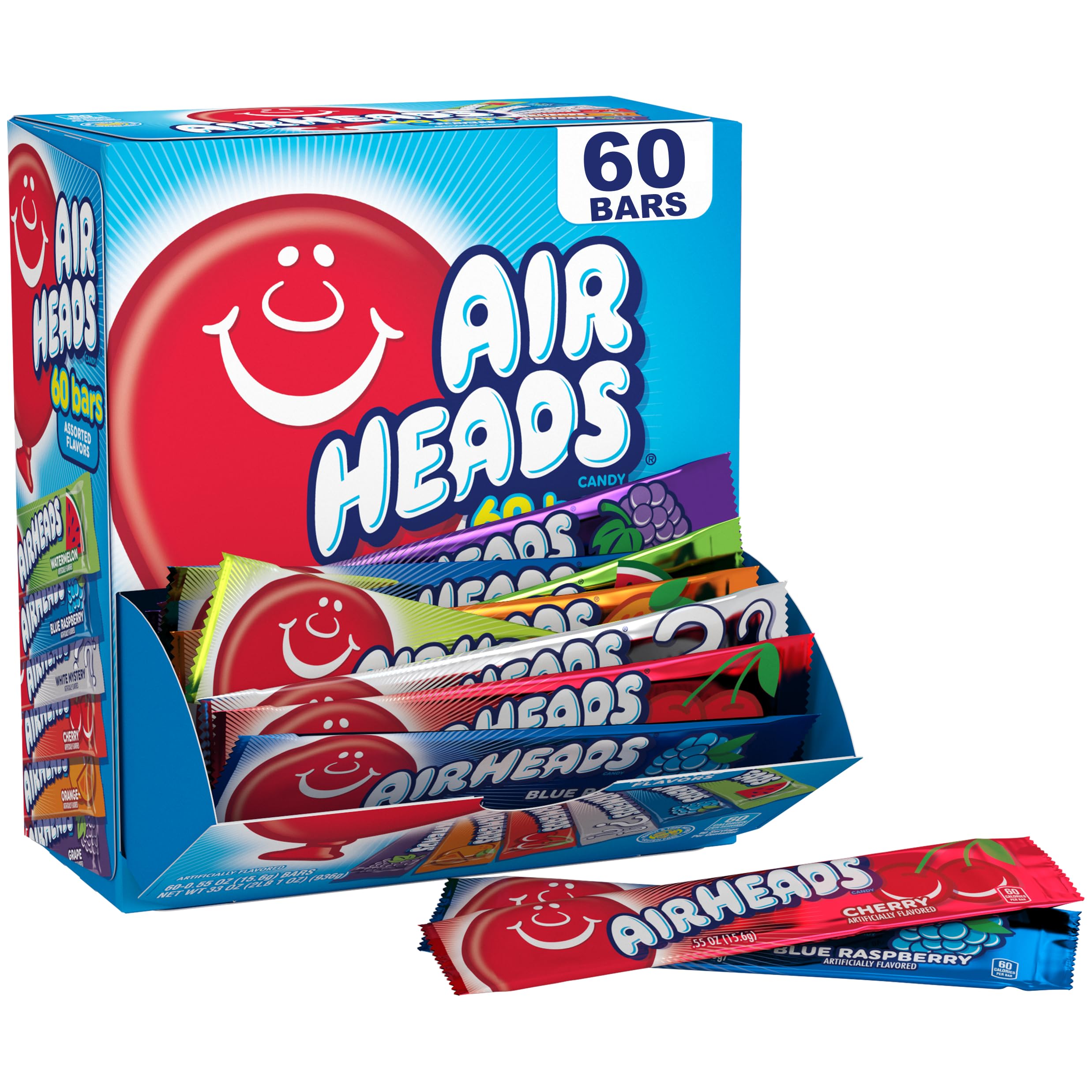 AirheadsCandy Bars, Variety Bulk Box, Chewy Full Size Fruit Taffy, Gifts, Holiday, Parties, Concessions, Pantry, Non Melting, Party, 60 Individually Wrapped Full Size Bars