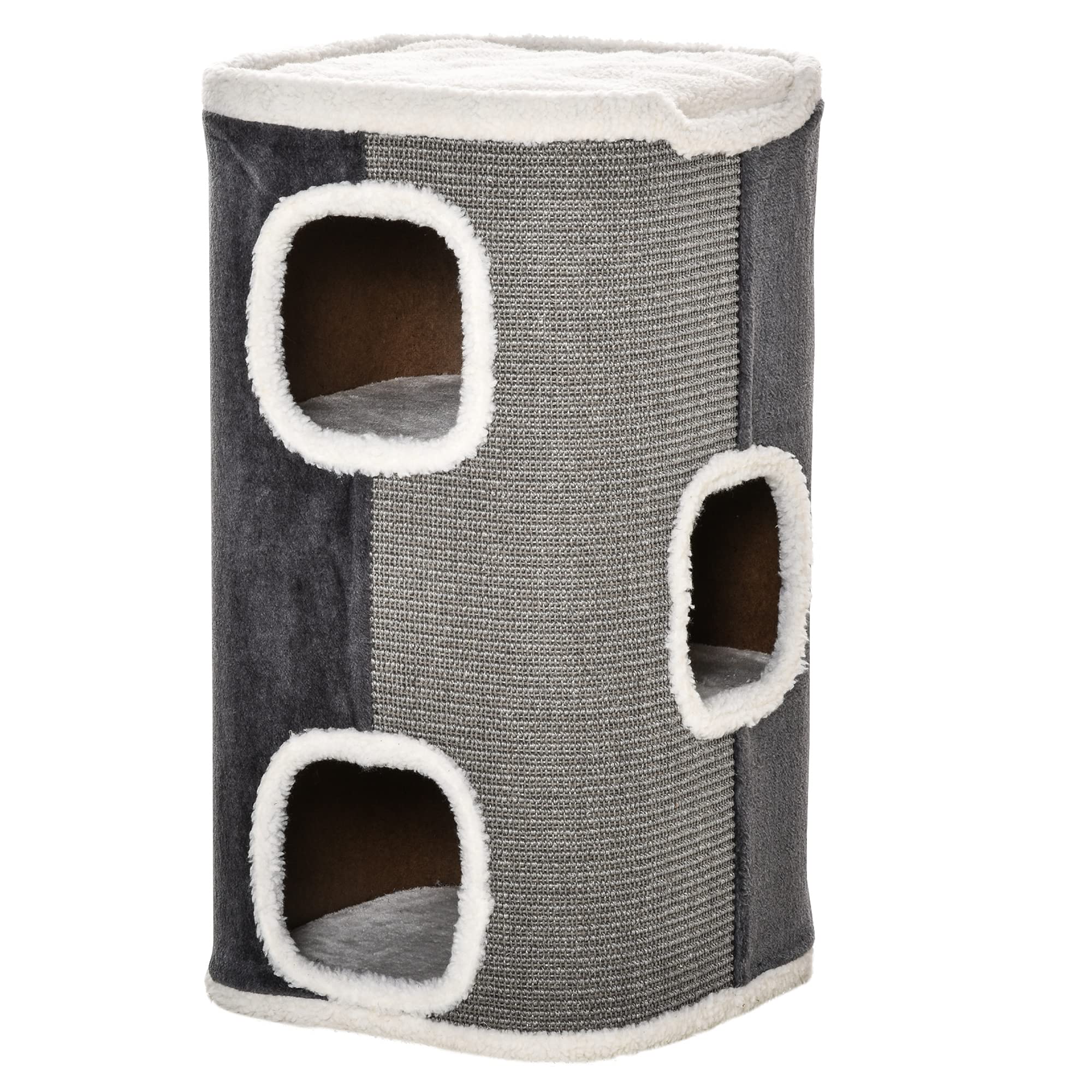 PawHutCat Barrel Scratching Post Cat Tree for Indoor Cats Kitten Climbing Frame Pet Play Tower Soft Plush & Lamb Fleece Grey