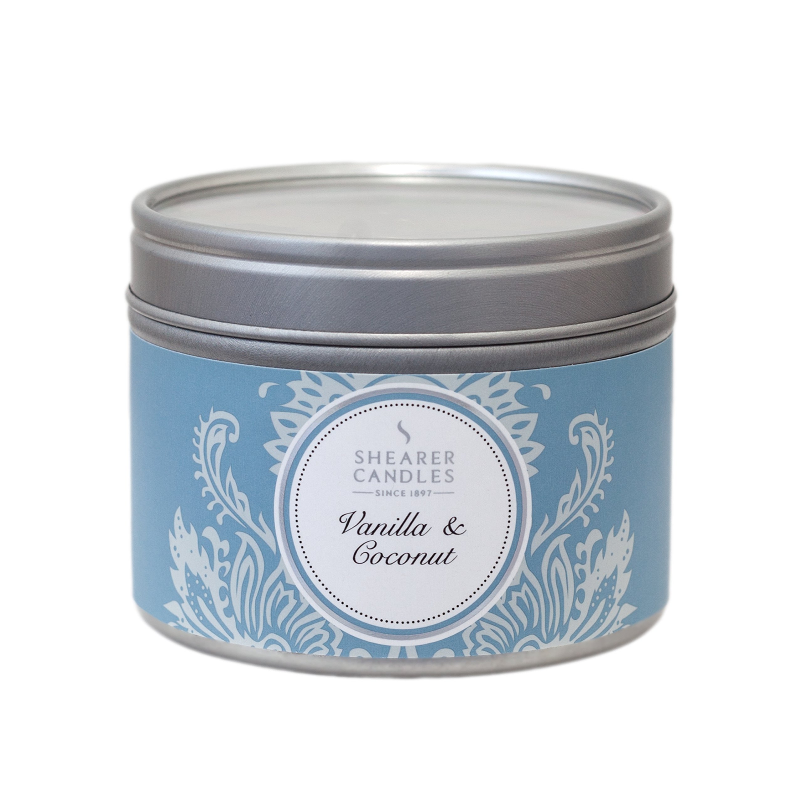 ShearerCandles Vanilla and Coconut Small Scented Silver Tin Candle - White