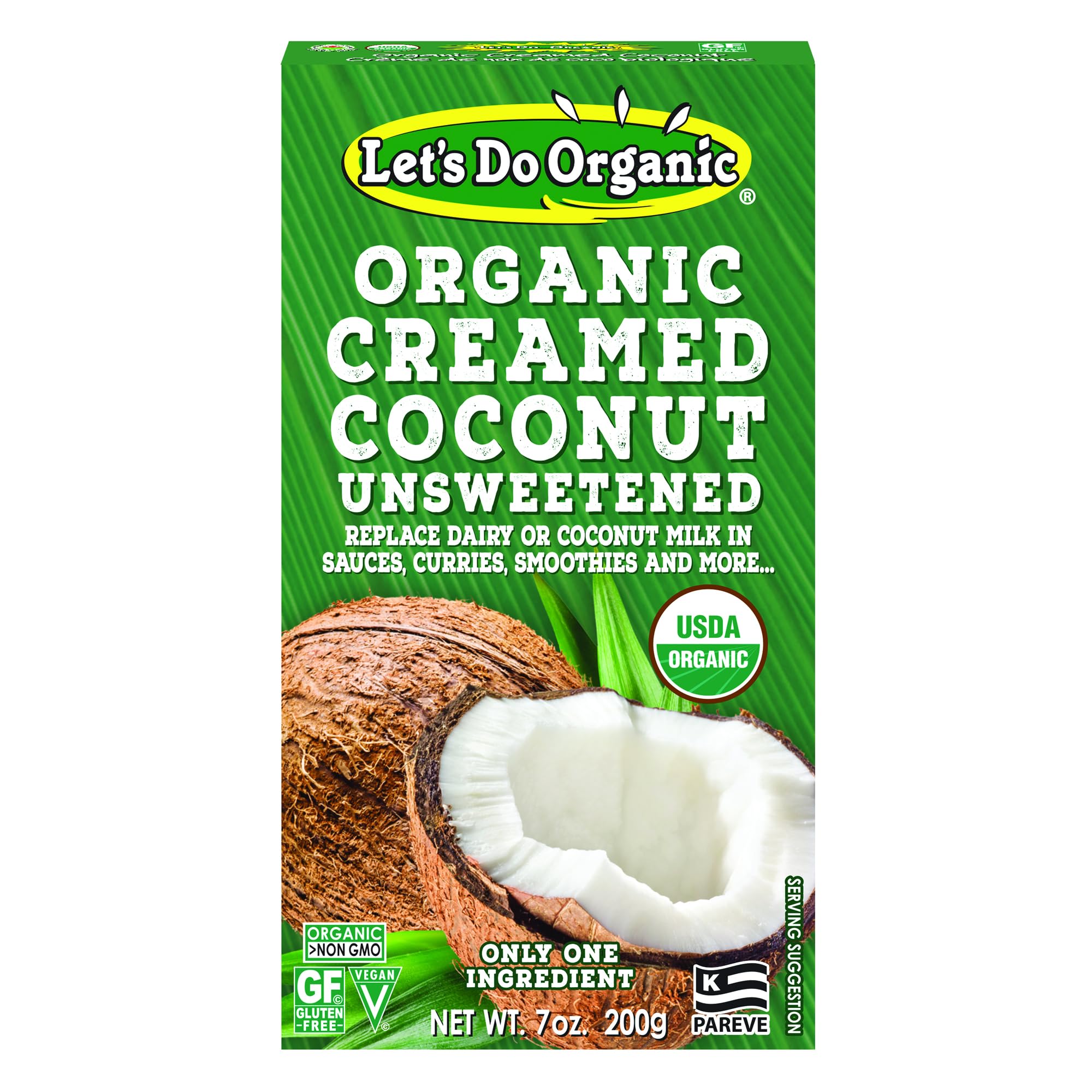 Let's Do Organic Unsweetened Creamed Coconut - Organic Coconut Cream, Vegan Heavy Cream, Unsweetened Coconut Cream, Coconut Milk - 7 Ounce (Pack of 6)