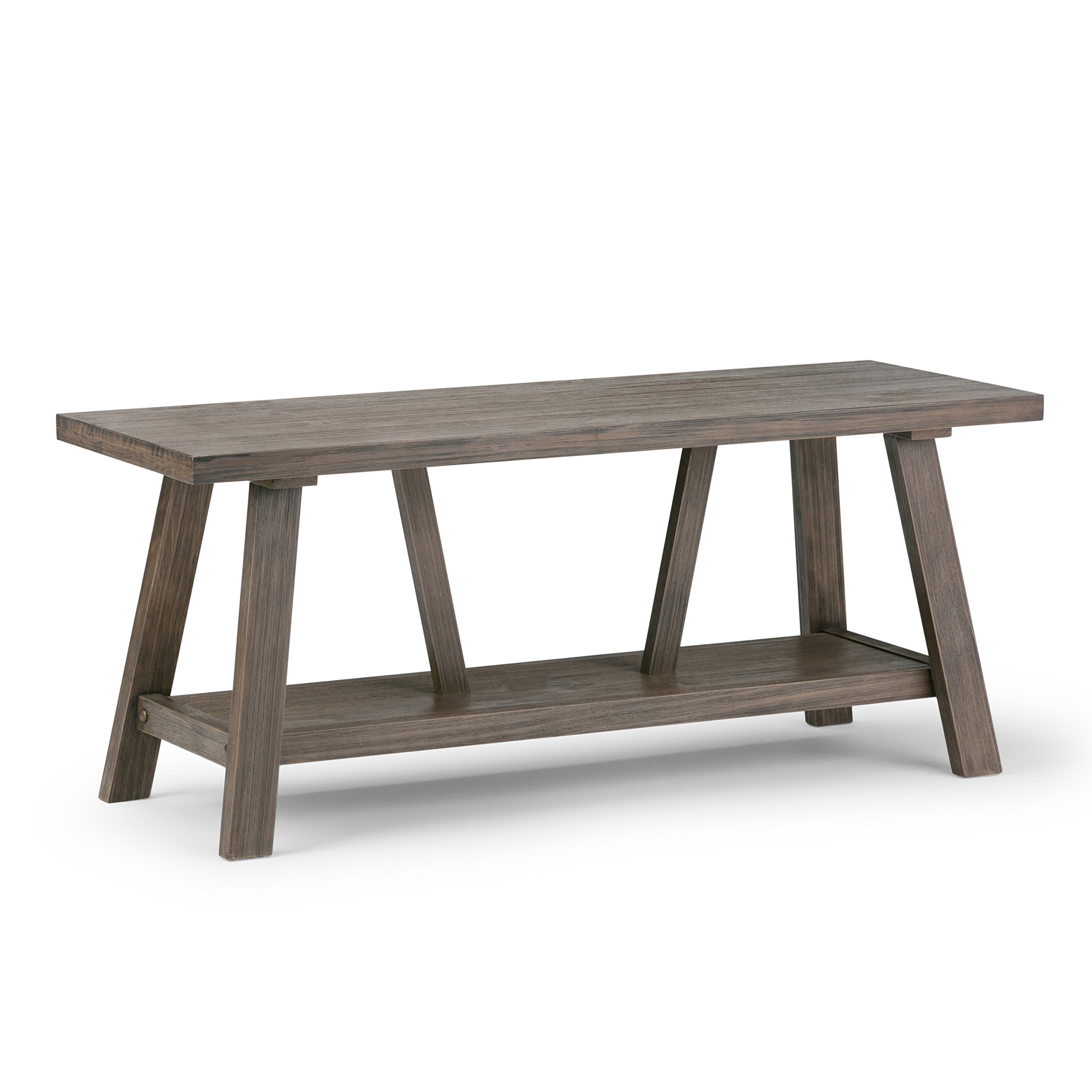 Simpli Home Dylan SOLID WOOD 48 inch Wide Entryway Bench Open Bottom Shelf, Modern Industrial, in Driftwood