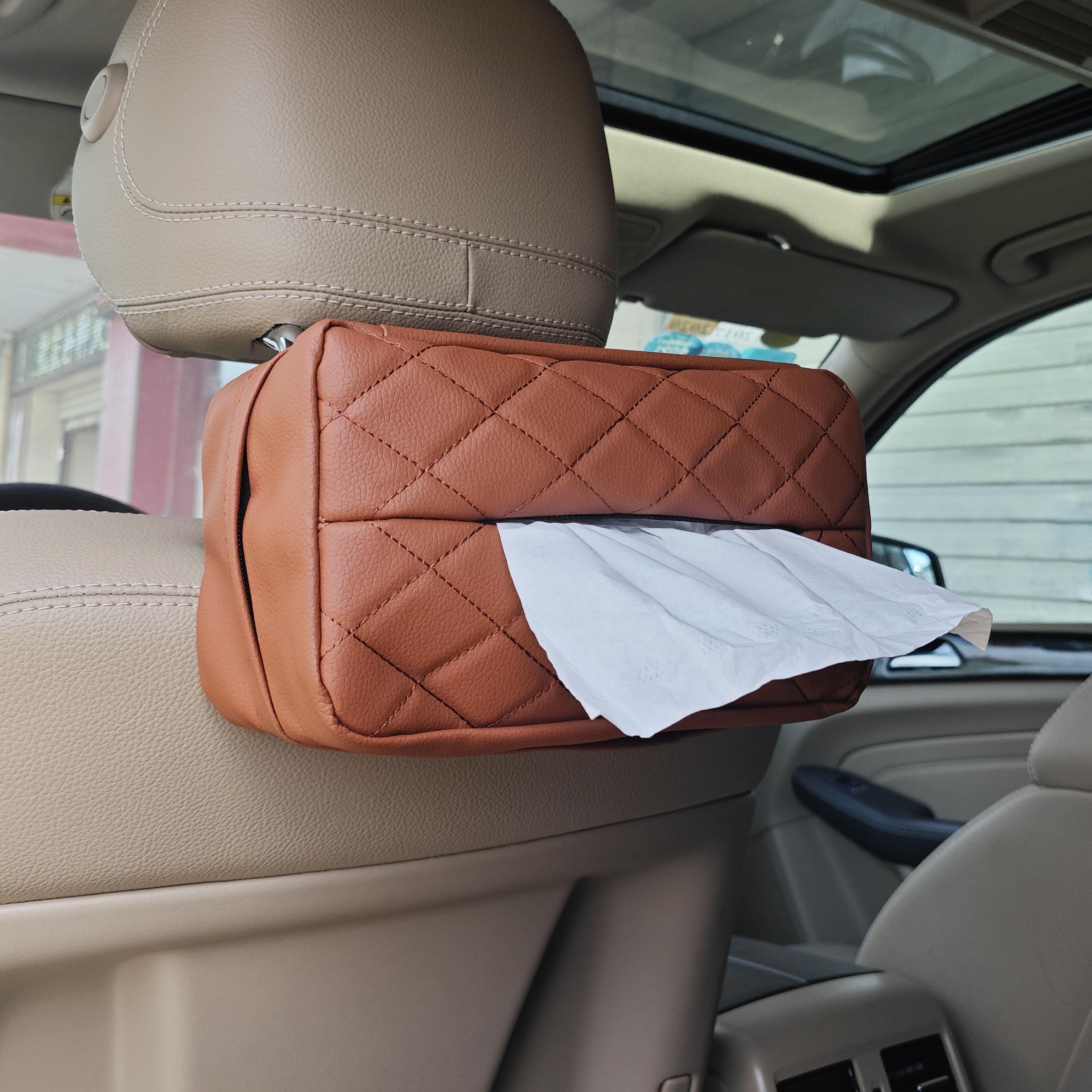 Car Tissue Holder for 120 Standard Tissue,Leather PU Tissues Box Cover for Car Backseat,Extra Large Rectangle Napkin Holder Soft Rectangular,Fits for Kleenex tissues,for Storage& Organization (Brown)