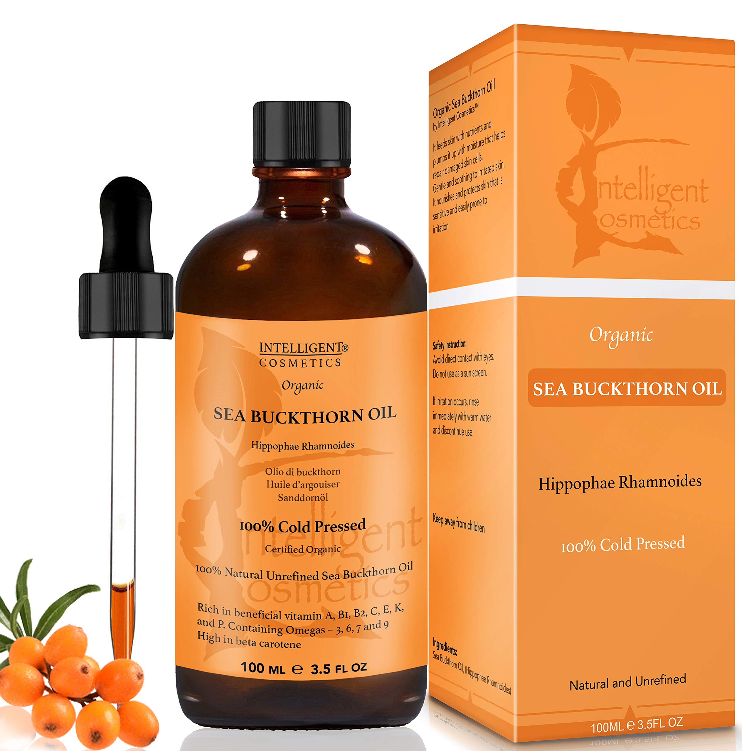 SEA Buckthorn Oil 100ML, 100% Cold Pressed Organic, Unrefined, Pure & Natural, Repairs Damaged Skin, Calms Irritated Skin, Heals Rosacea Supplied in Glass Amber Bottle with Pipette