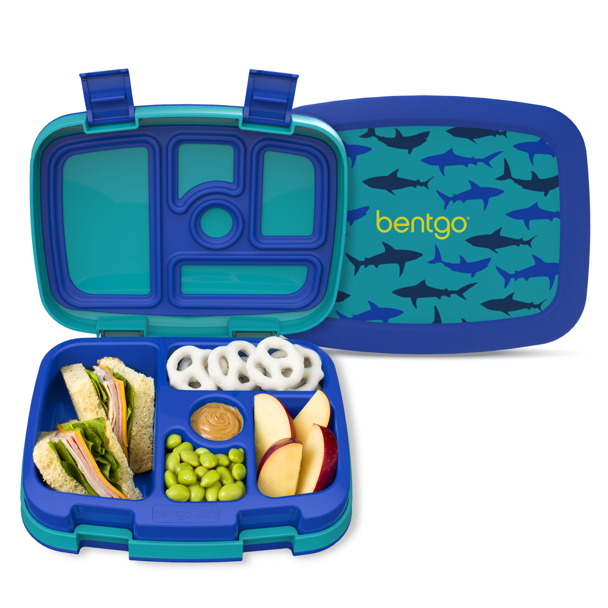 Bentgo Bentgo® Kids Prints Leak-Proof, 5-Compartment Bento-Style Kids Lunch Box - Ideal Portion Sizes for Ages 3 to 7 - BPA-Free, Dishwasher Safe, Food-Safe Materials (Sharks)