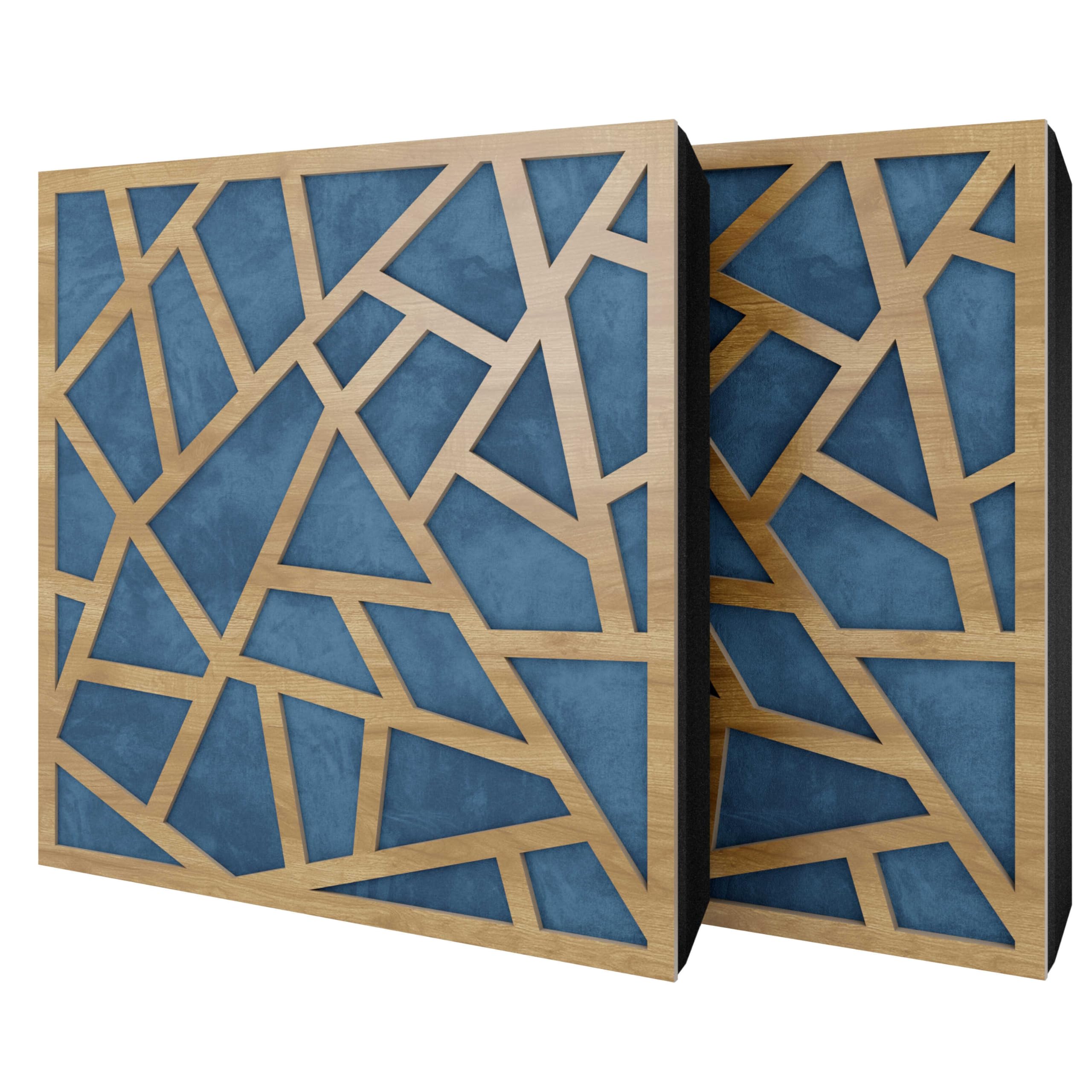 2 Pack — Diffuse Sound-Absorbing Acoustic Panel with Velvet Fabric & Mounting Kit | 50x50x5cm | Reflection - Soundproofing - Insulation | Home Acoustic Treatment [SKYROSS - Oak | Blue]