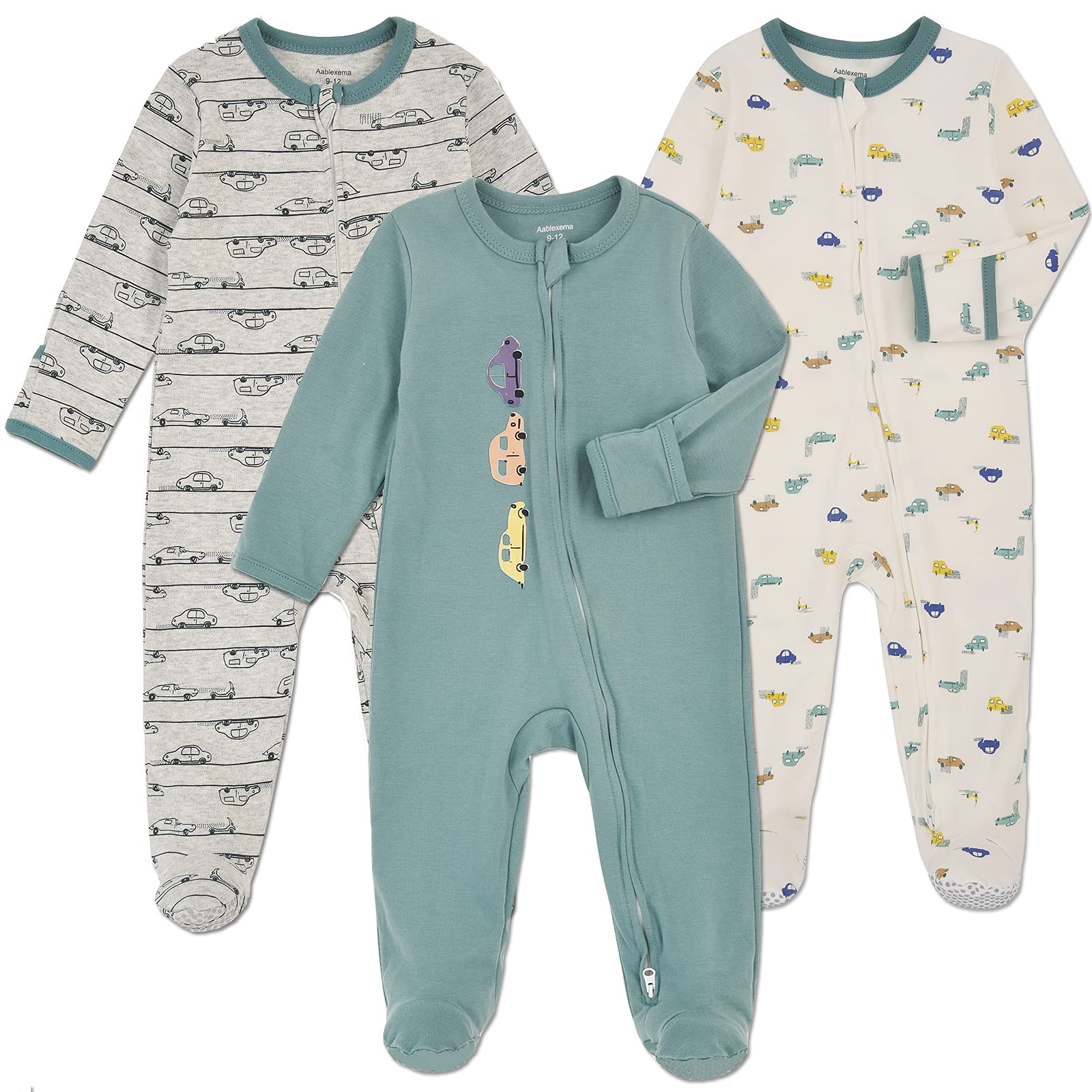 Baby Footed Pajamas with Mitten Cuffs, Double Zipper Infant Cotton Onesie Sleeper Pjs, Footies Sleep 'n Play