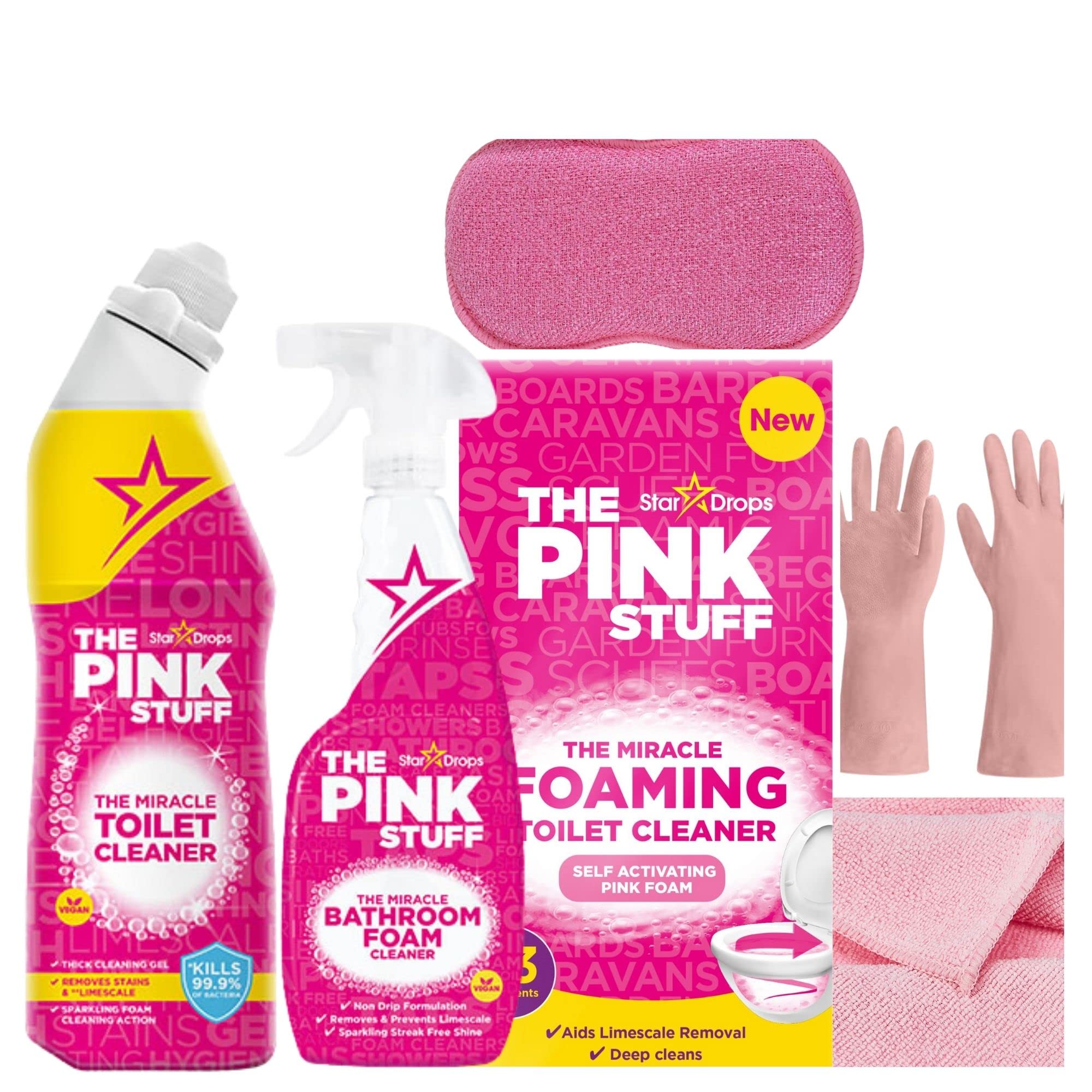 Bathroom Cleaning Products- Pink Scrubber Kit Includes The Pink Stuff Miracle Toilet & Foam Bathroom Cleaner bundled with All Pink Rubber Gloves Sponges & Microfiber Cleaning Cloth.