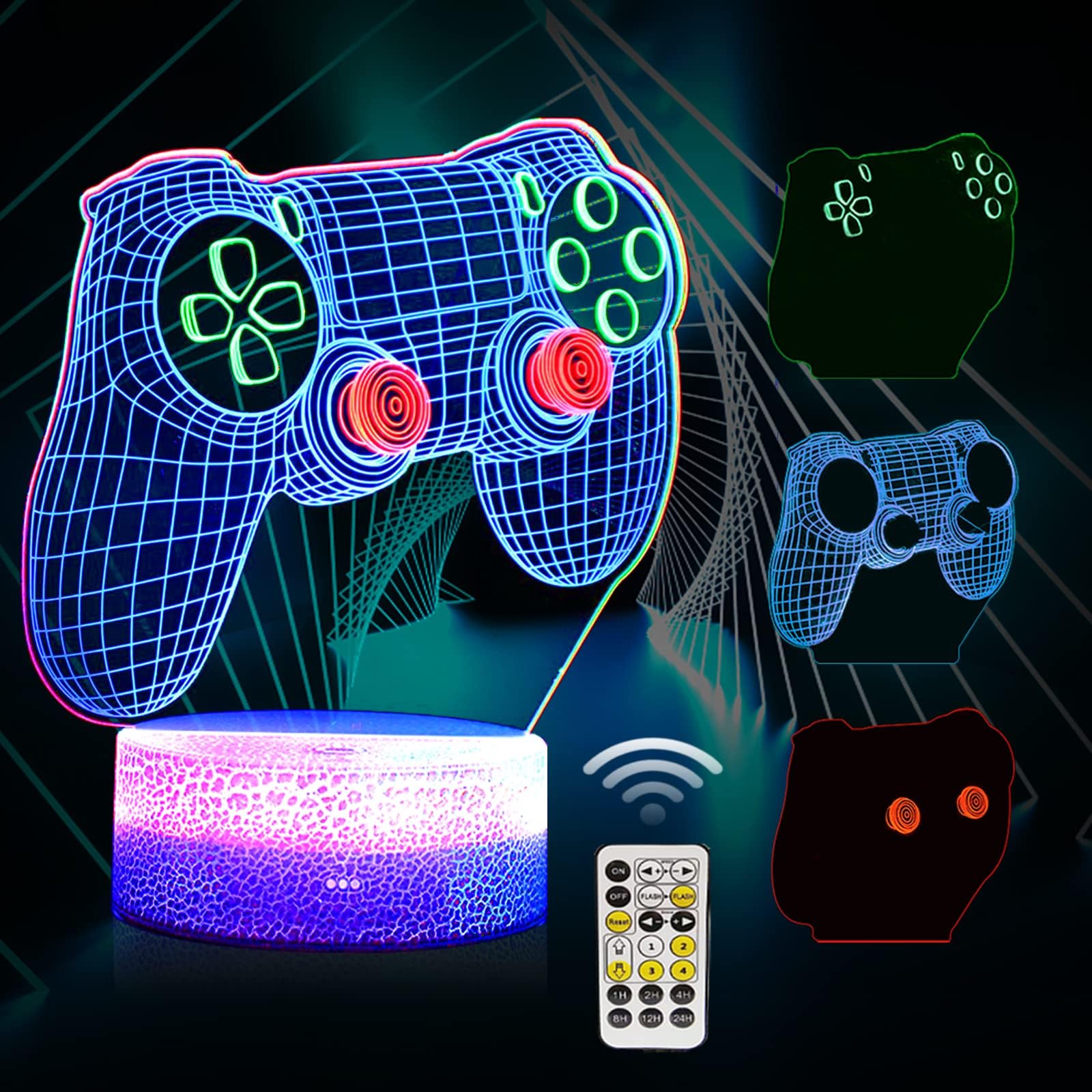 3D Gamepad Night Light, 3D Hologram Illusion Lamp, 3 Patterns Game Controller Console Illusion Desk Lamp, 7 Colors Changing with Remote, Timer Dimmer Function, Kids Bedroom Decor Birthday Gifts