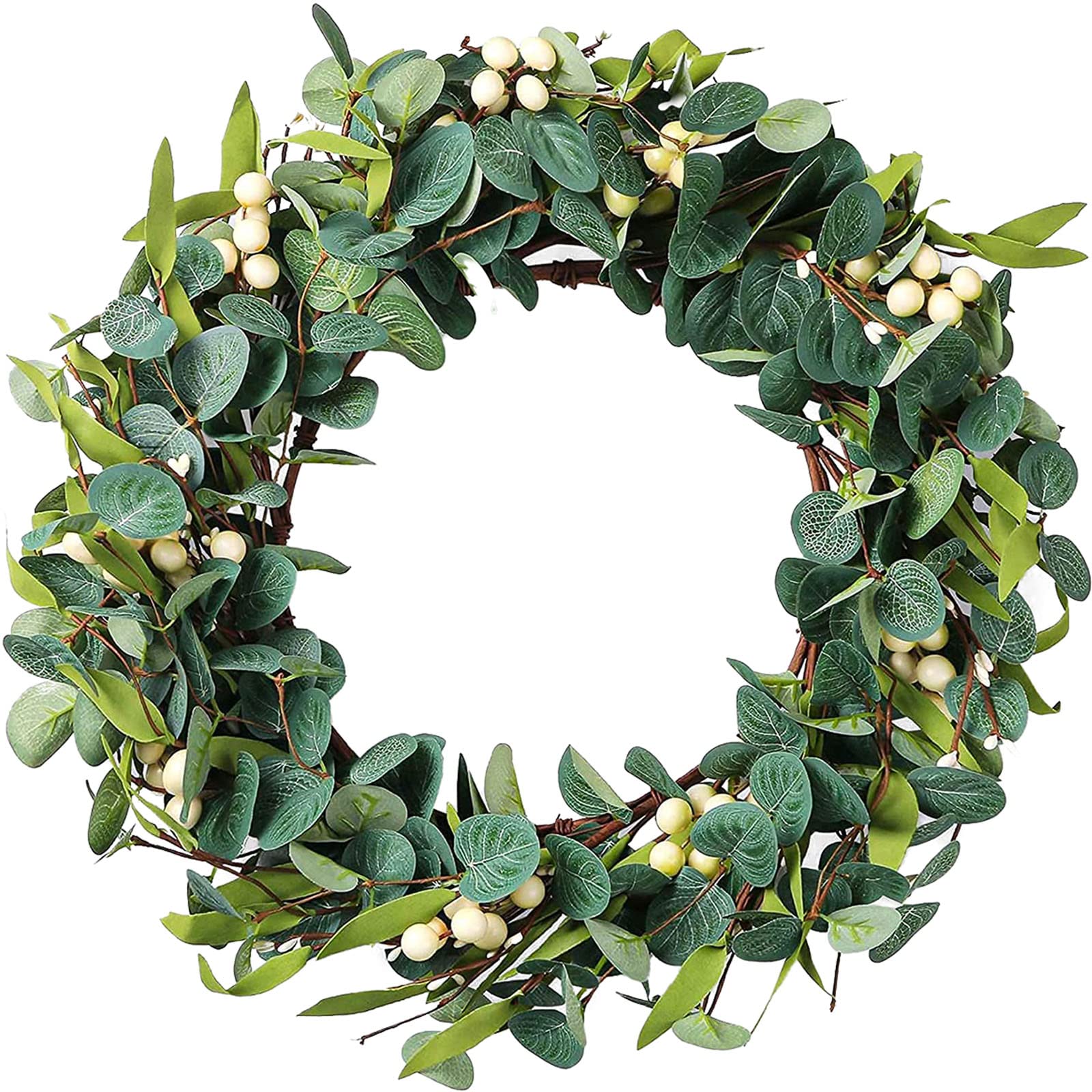 Artificial Eucalyptus Wreath, WEEKSUN 15" Wreath for Front Door with Large Green Leaf Faux Eucalyptus Wreath for Festival Celebration for Front Door Wall Window and Farmhouse Decor