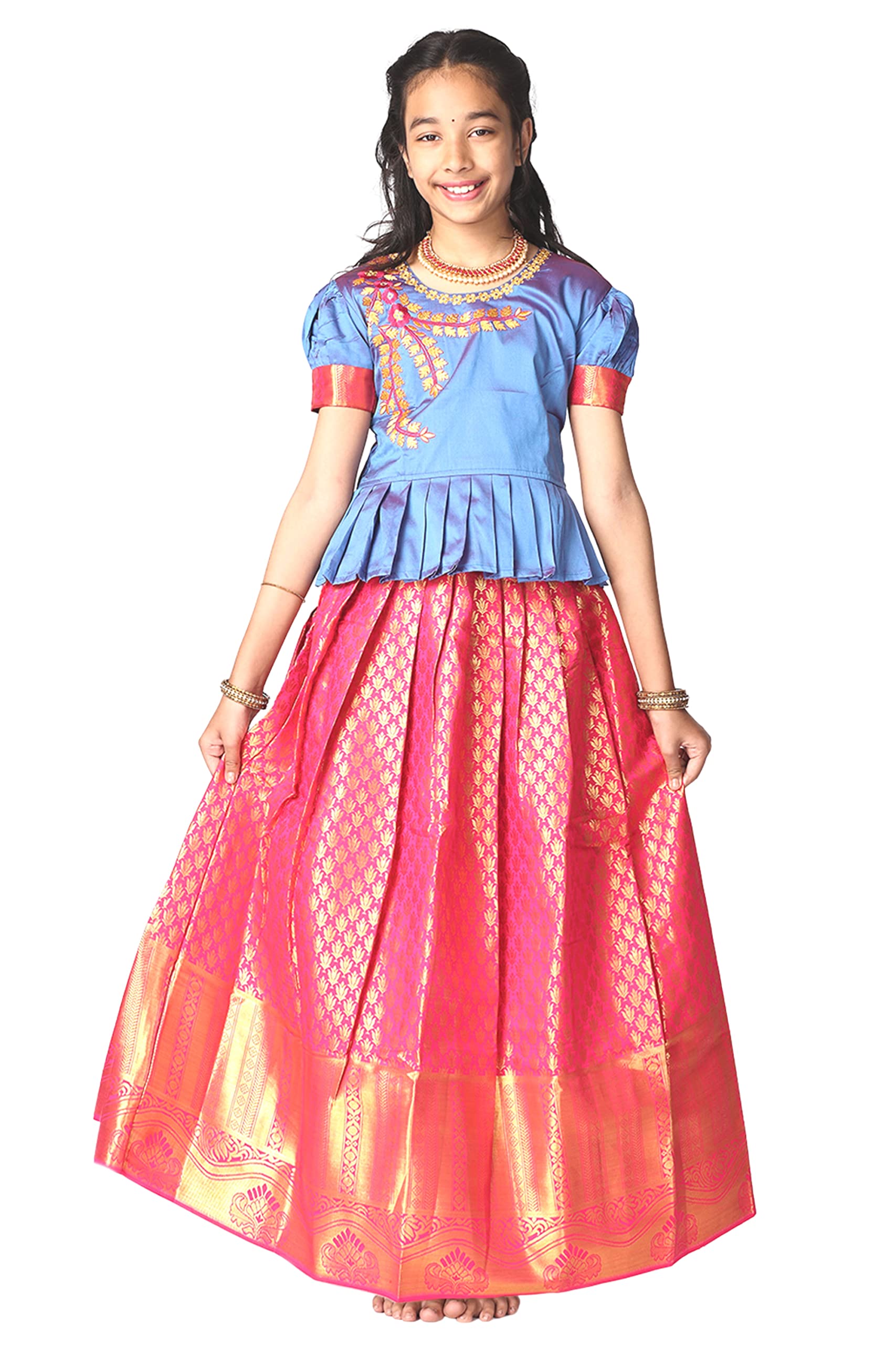 TotzTouchKids Girls Pattu Pavadai | Lehenga Choli Set South Indian Traditional Wide Zari Border Embroidered Jacquard weave Ethnic Wear Red, Pink, Violet, Blue, Green, Sizes 1 to 10 Years