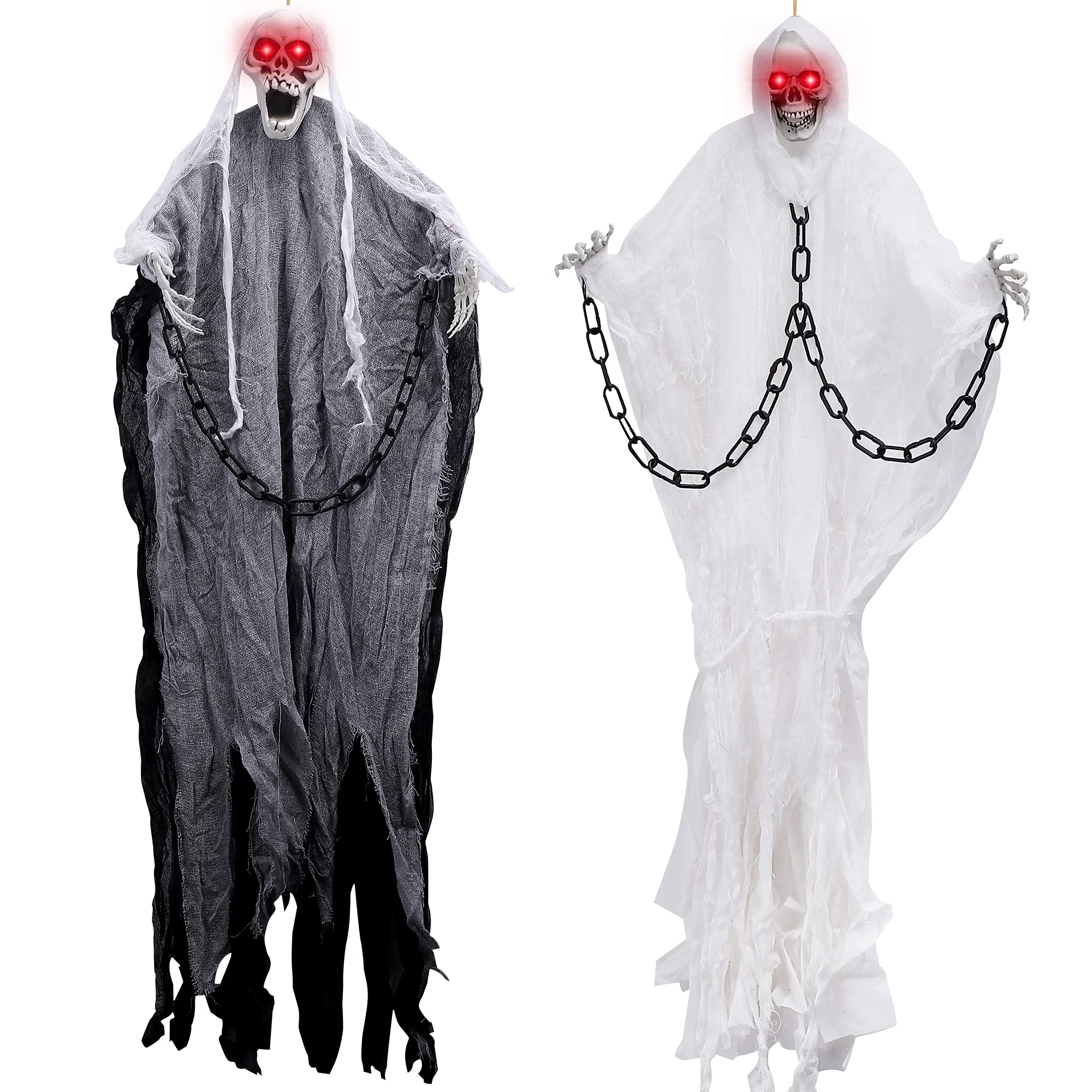 F FiGoal 2 PCS Large Halloween Hanging Ghost Decorations with LED Eyes and Sound Hanging Skeleton Decorations with Chain Scary Creepy Halloween Ghost Indoor Outdoor Decoration