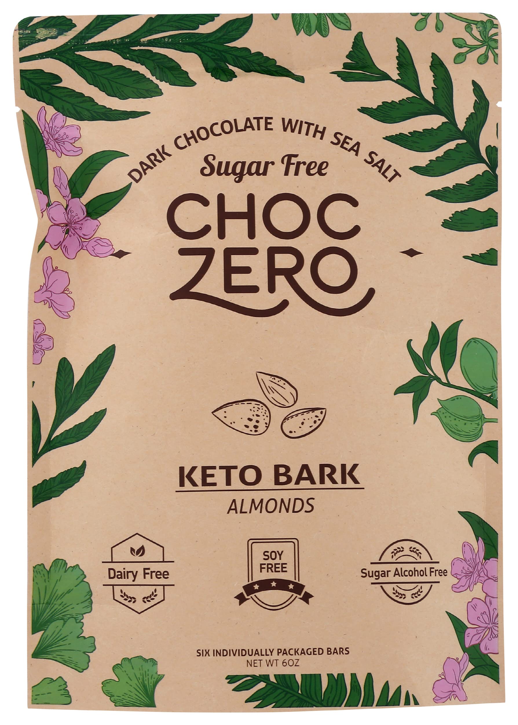 Choczero Dark Chocolate Almonds with Sea Salt Keto Bark, Sugar Free, Dairy Free, 6 Ounce (Pack of 12)