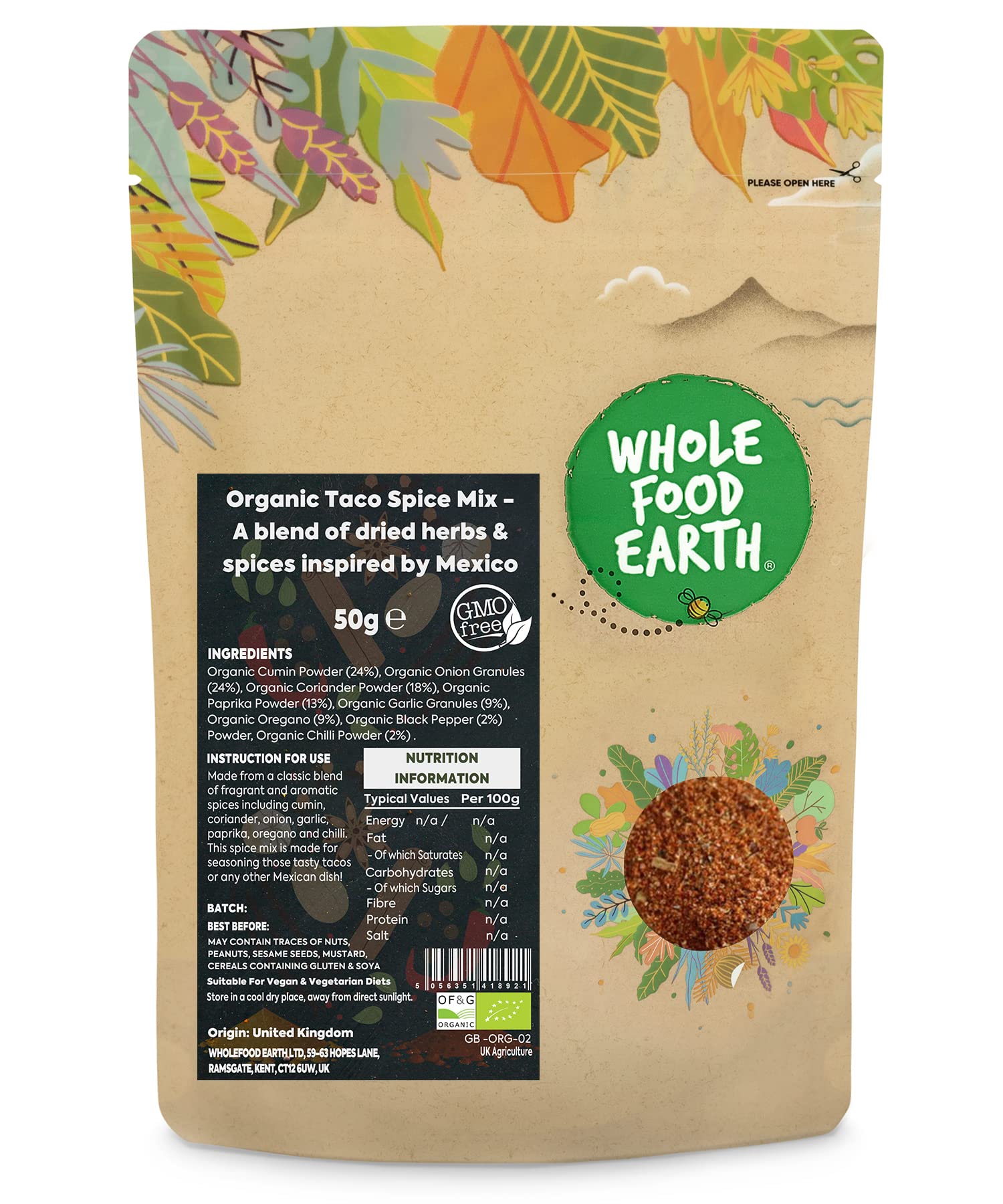 Whole Food Earth® - Organic Taco Spice Mix - A blend of dried herbs and spices inspired by Mexico 50 g | GMO Free | Certified Organic