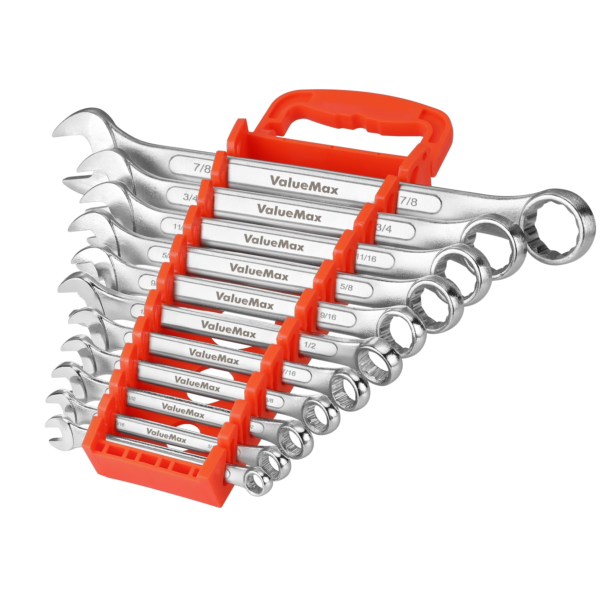 ValueMax SAE Combination Wrench Set, 11PCS Mechanic Wrenches from 1/4" to 7/8" with Rack Organizer, Open End and 12-Point Box End Wrench Mechanic Set, For General Household, Car Emergency